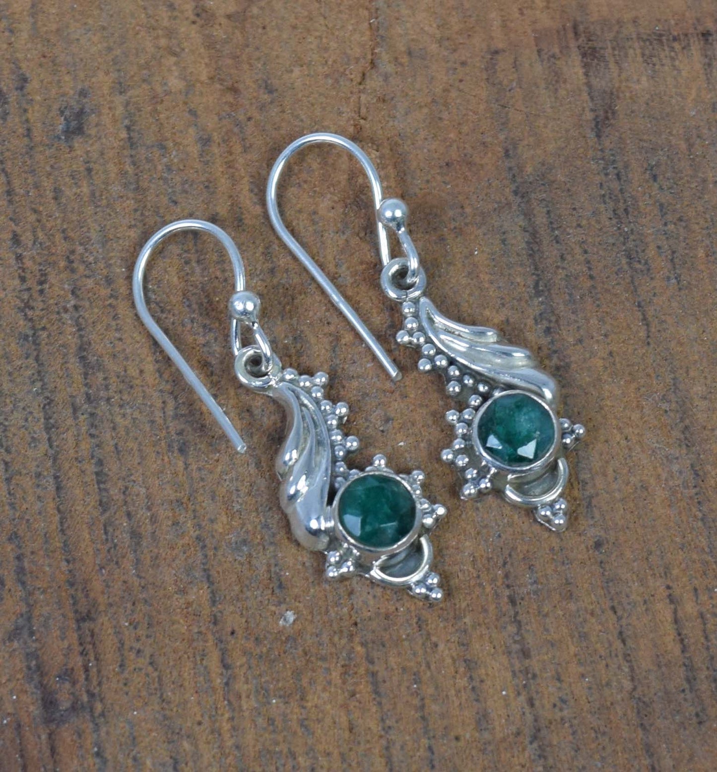 925 Solid Sterling Silver Cut Green Simulated Emerald Hook Earring