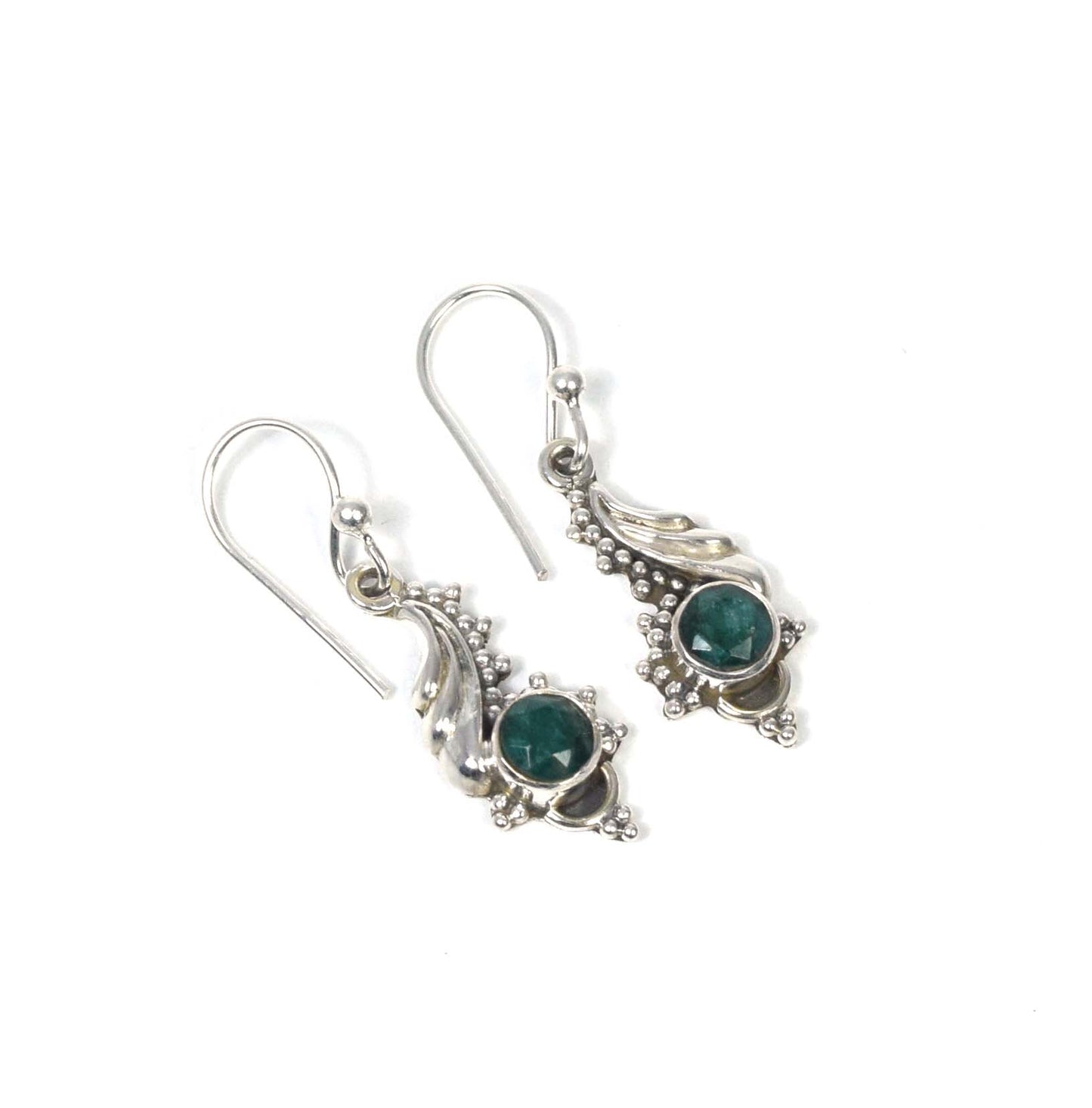925 Solid Sterling Silver Cut Green Simulated Emerald Hook Earring