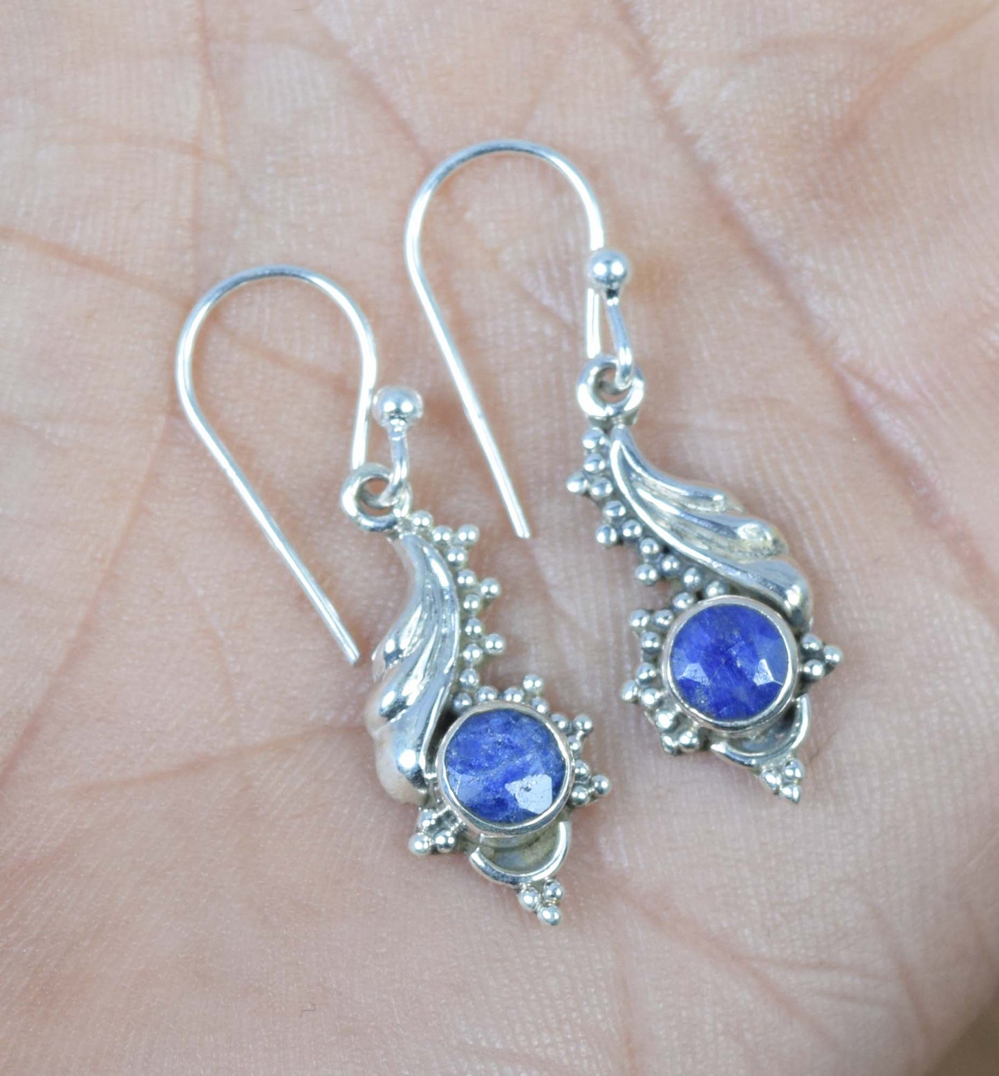 925 Solid Sterling Silver Cut Blue Simulated Sapphire Hook Earring