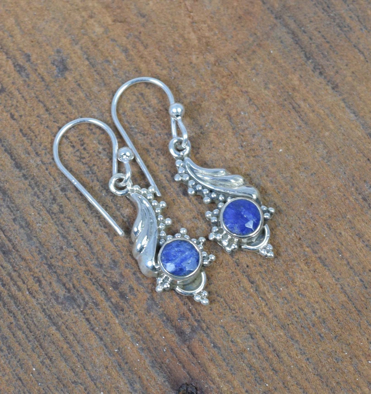 925 Solid Sterling Silver Cut Blue Simulated Sapphire Hook Earring
