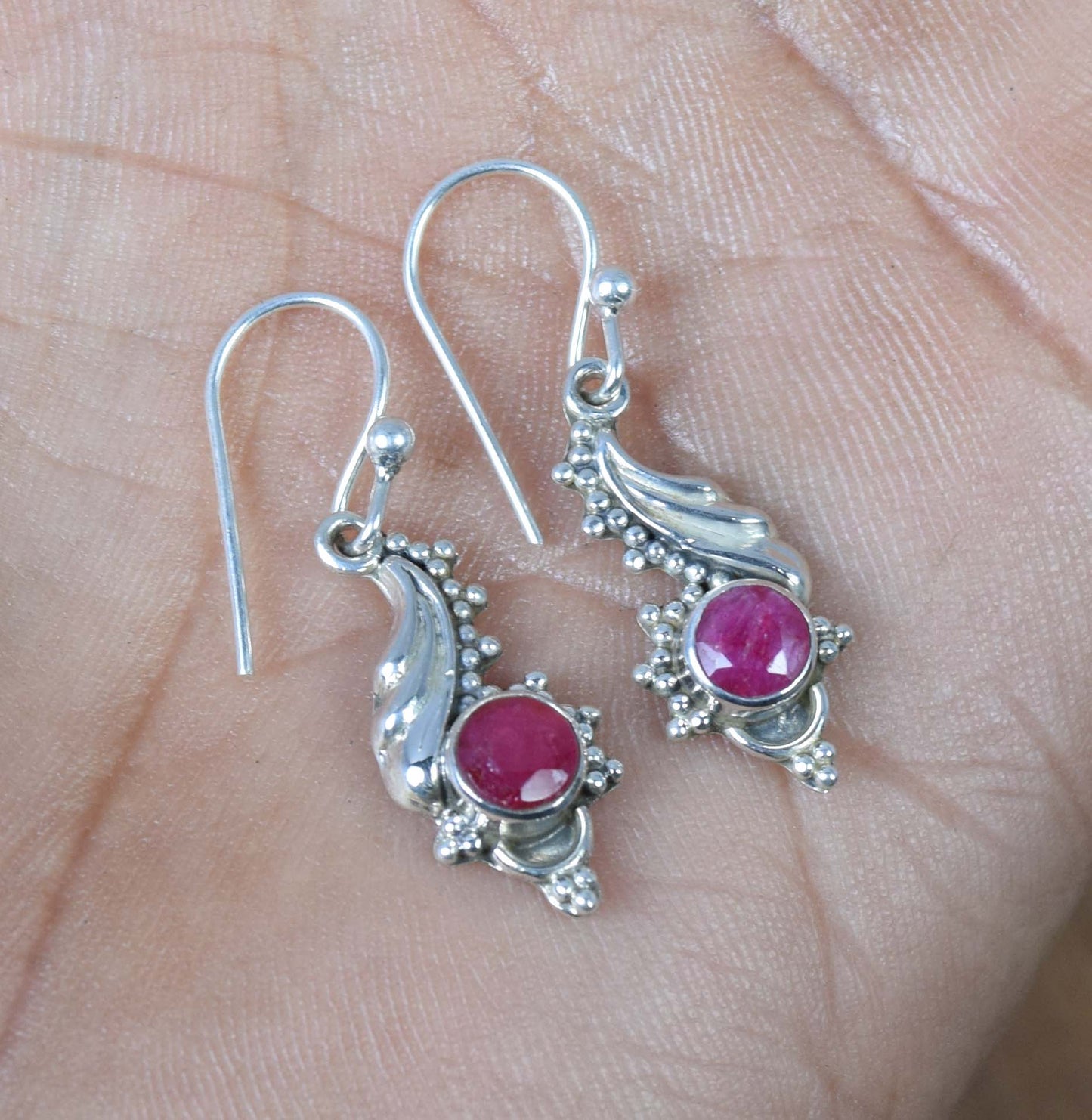 925 Solid Sterling Cut Red Simulated Ruby Hook Earring