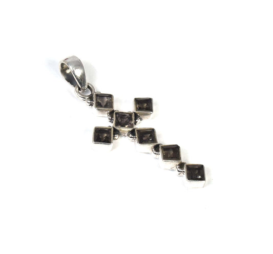 925 Solid Sterling Silver Cut Smoky Quartz Christmas Cross Pendant