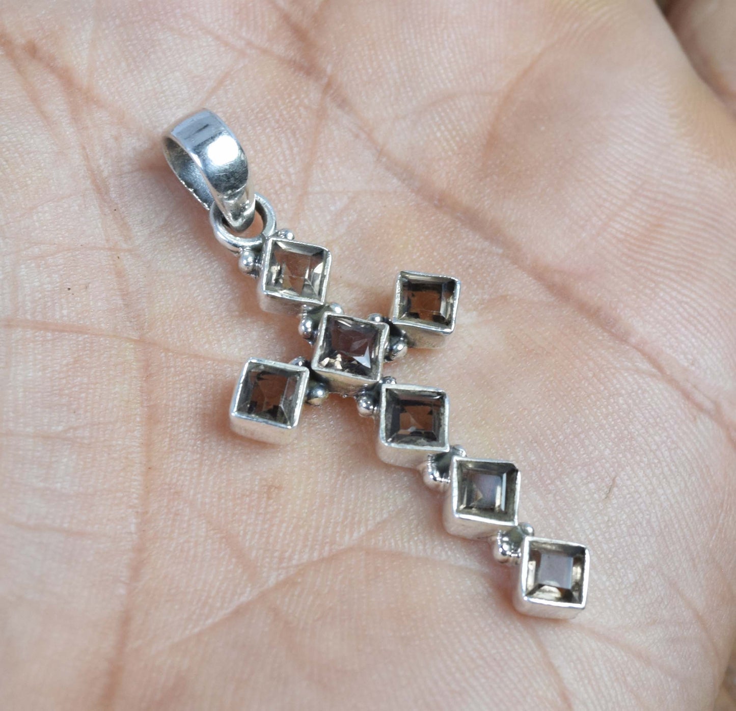 925 Solid Sterling Silver Cut Smoky Quartz Christmas Cross Pendant