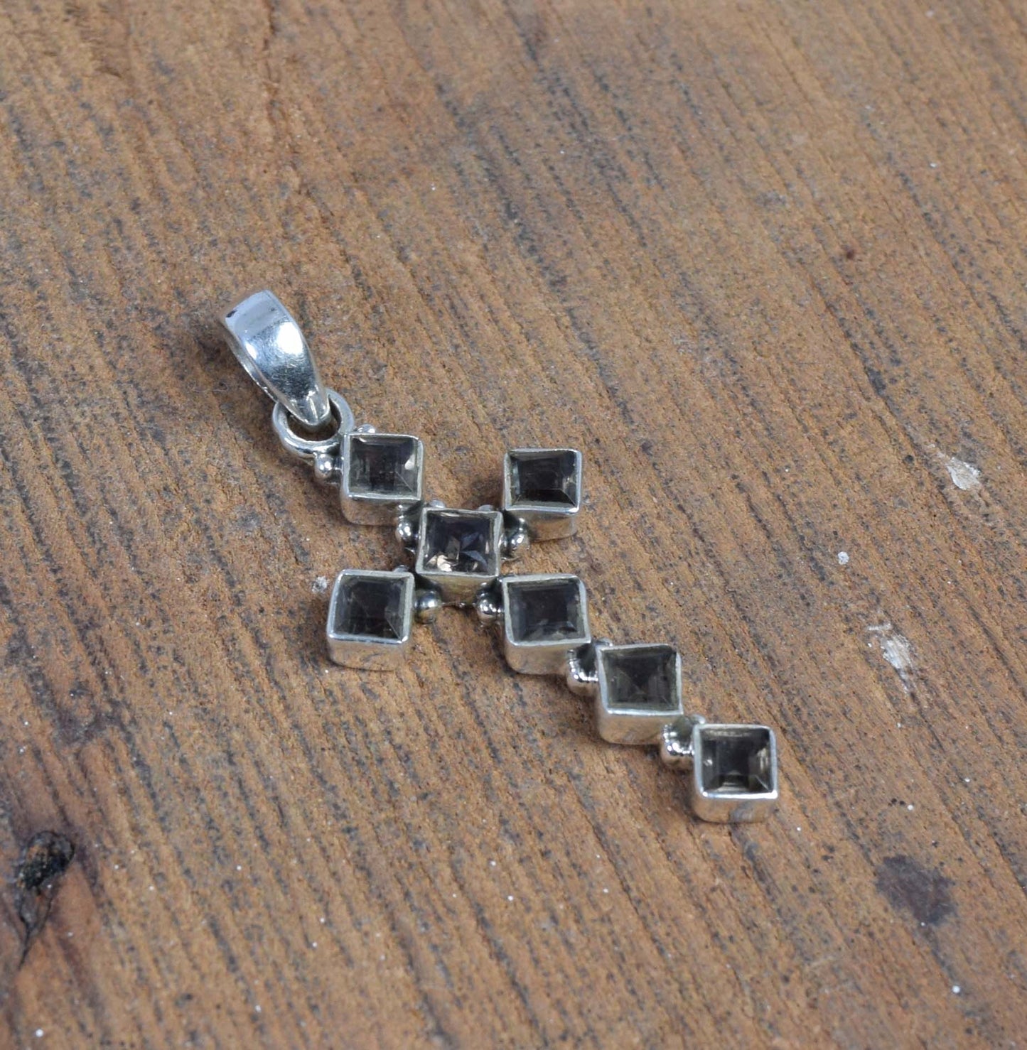 925 Solid Sterling Silver Cut Smoky Quartz Christmas Cross Pendant