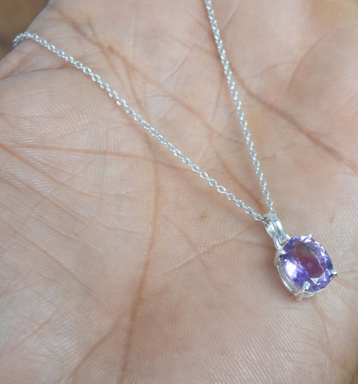 925 Solid Sterling Silver Cut Purple Amethyst Chain Pendant