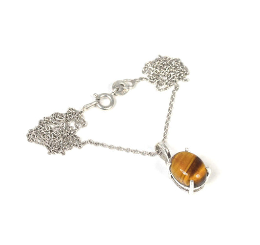 925 Solid Sterling Silver Tiger Eye Chain Pendant