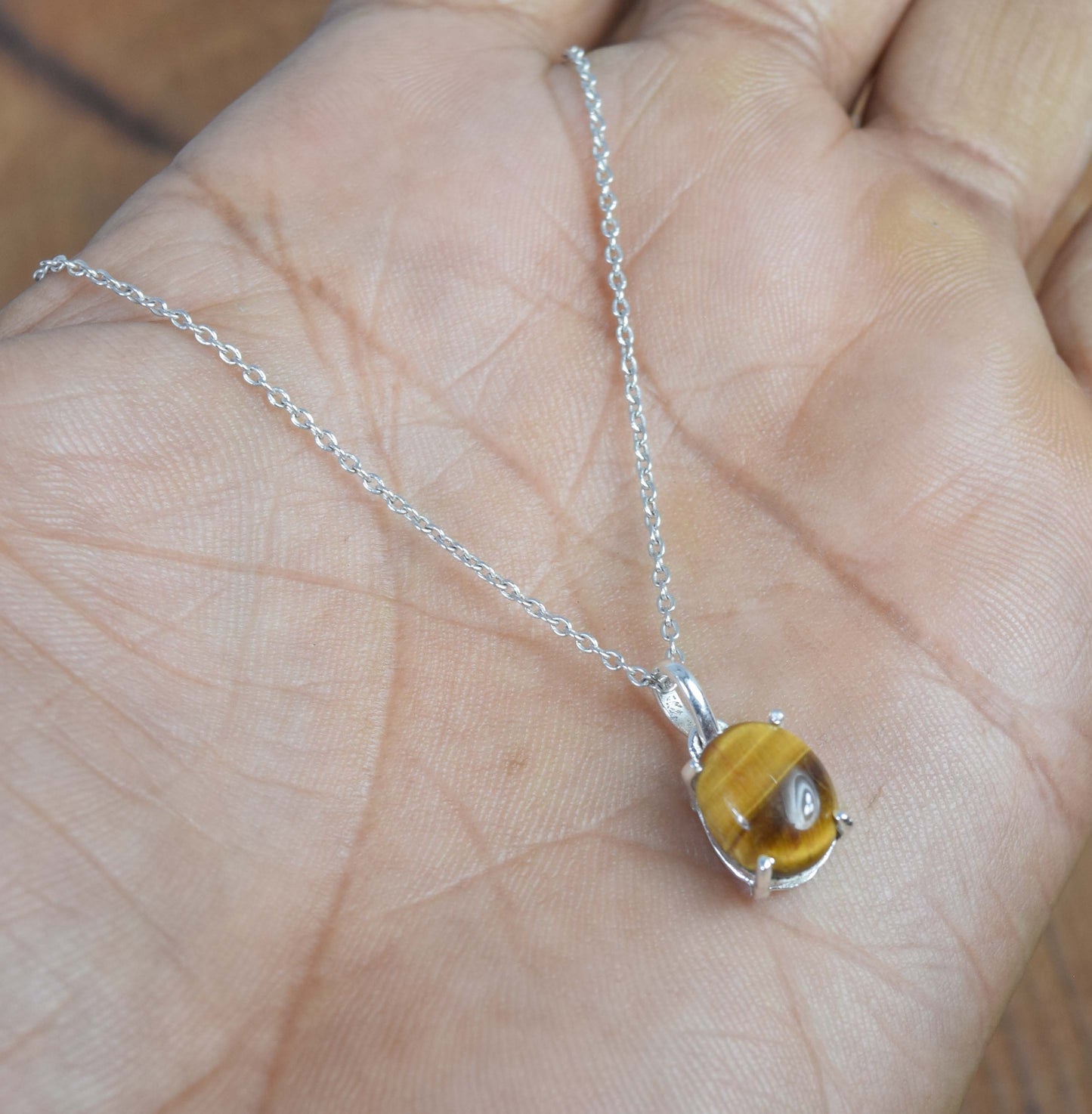 925 Solid Sterling Silver Tiger Eye Chain Pendant