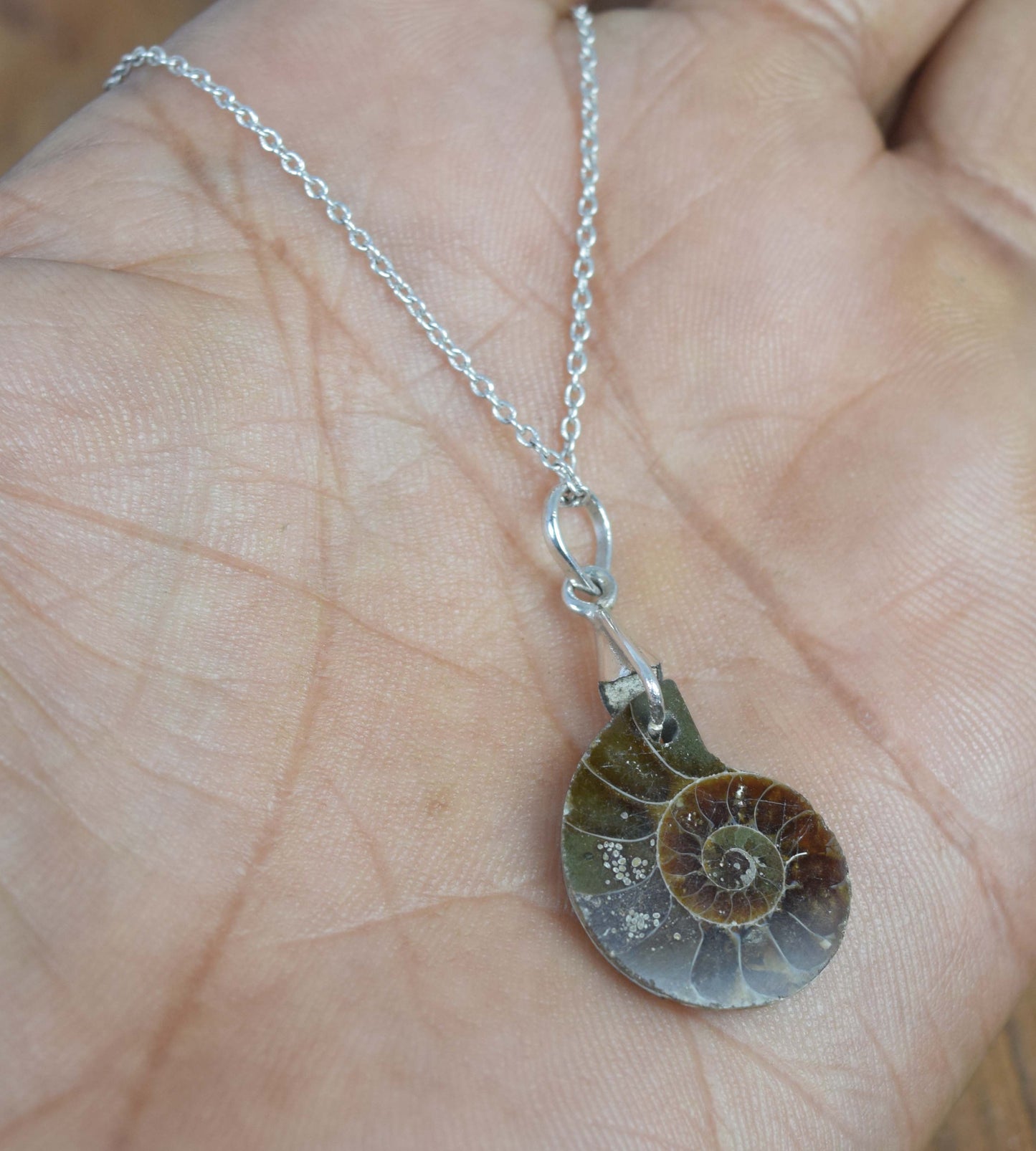 925 Solid Sterling Silver Ammonite Fossil Chain Pendant