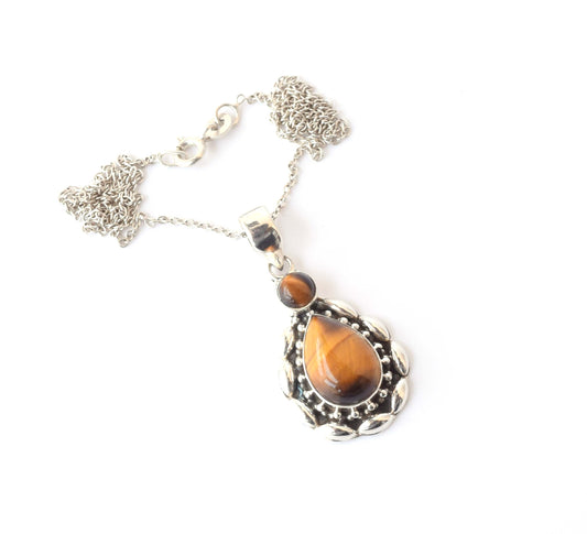 925 Solid Sterling Silver Tiger Eye Chain Pendant -19.2 Inch