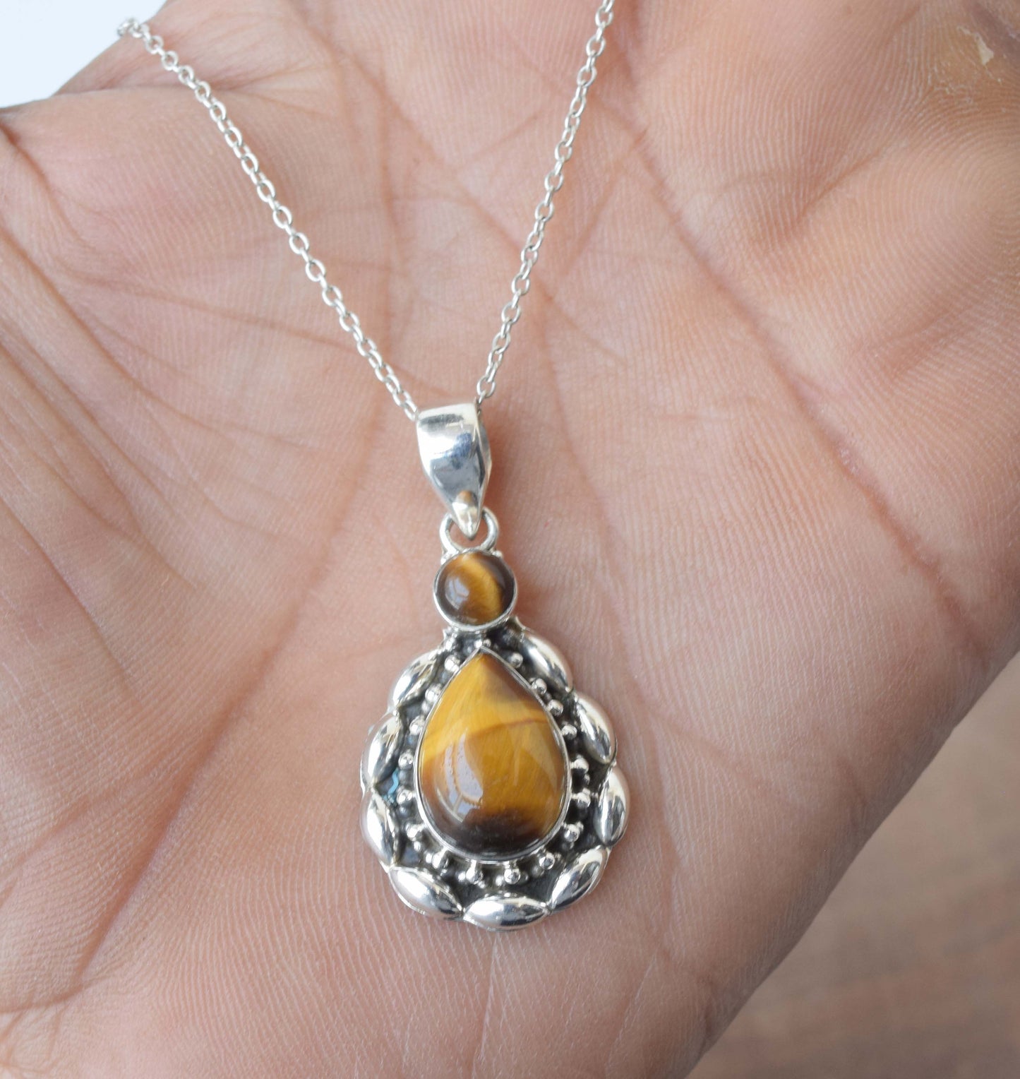 925 Solid Sterling Silver Tiger Eye Chain Pendant -19.2 Inch