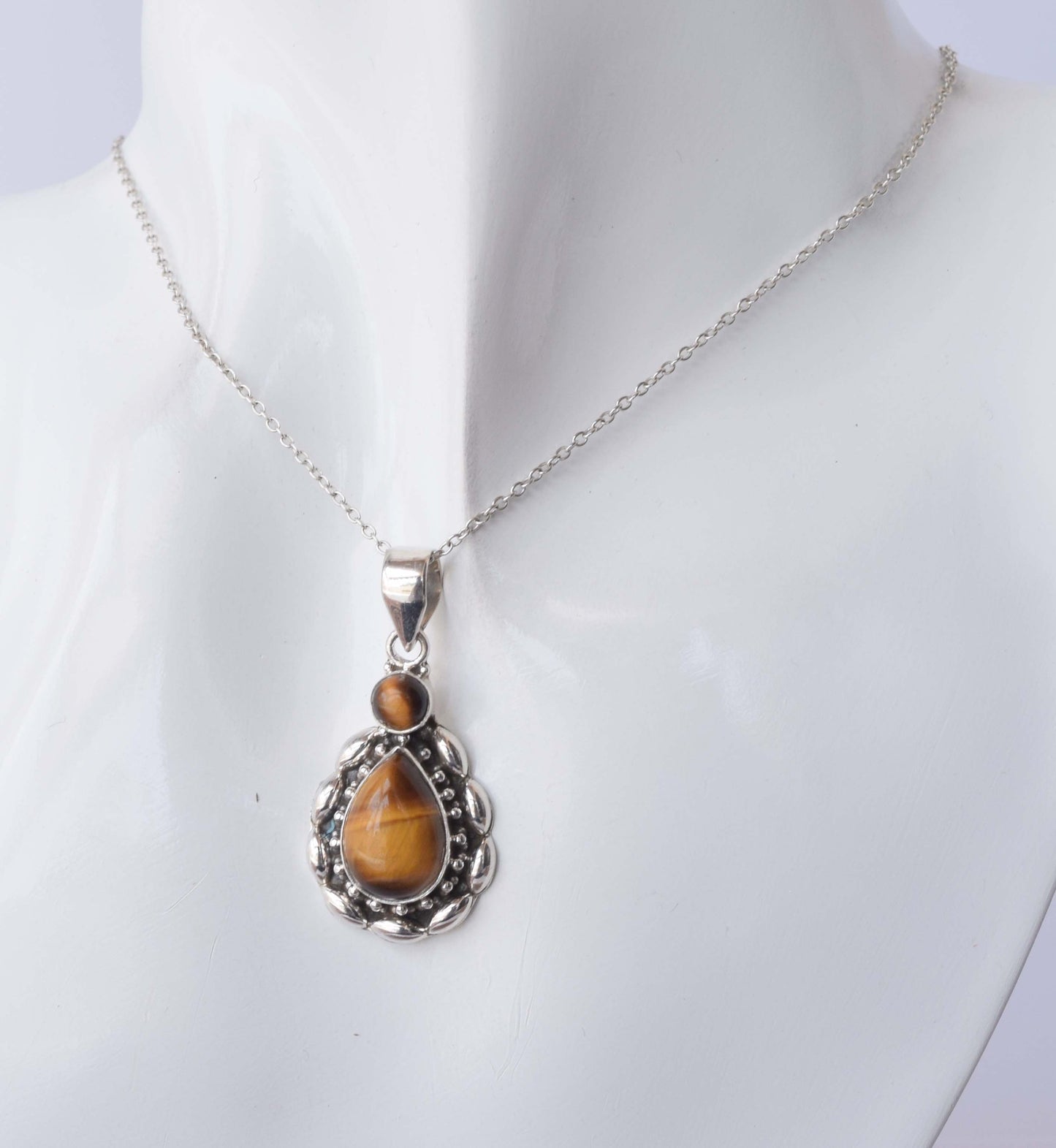 925 Solid Sterling Silver Tiger Eye Chain Pendant -19.2 Inch