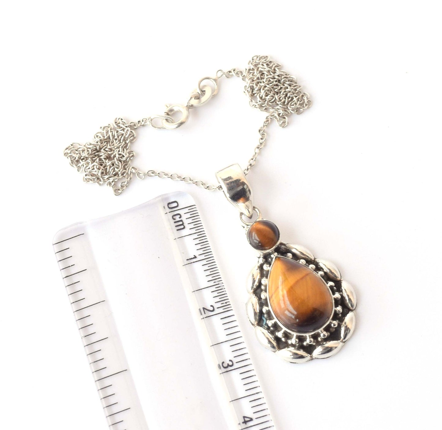 925 Solid Sterling Silver Tiger Eye Chain Pendant -19.2 Inch