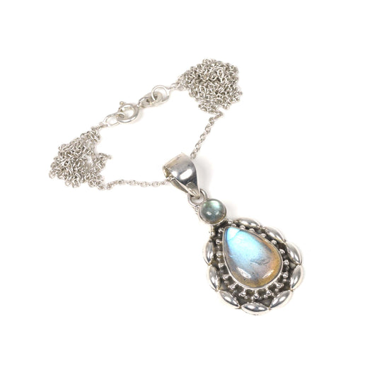 925 Solid Sterling Silver Labradorite Chain Pendant -19.2 Inch