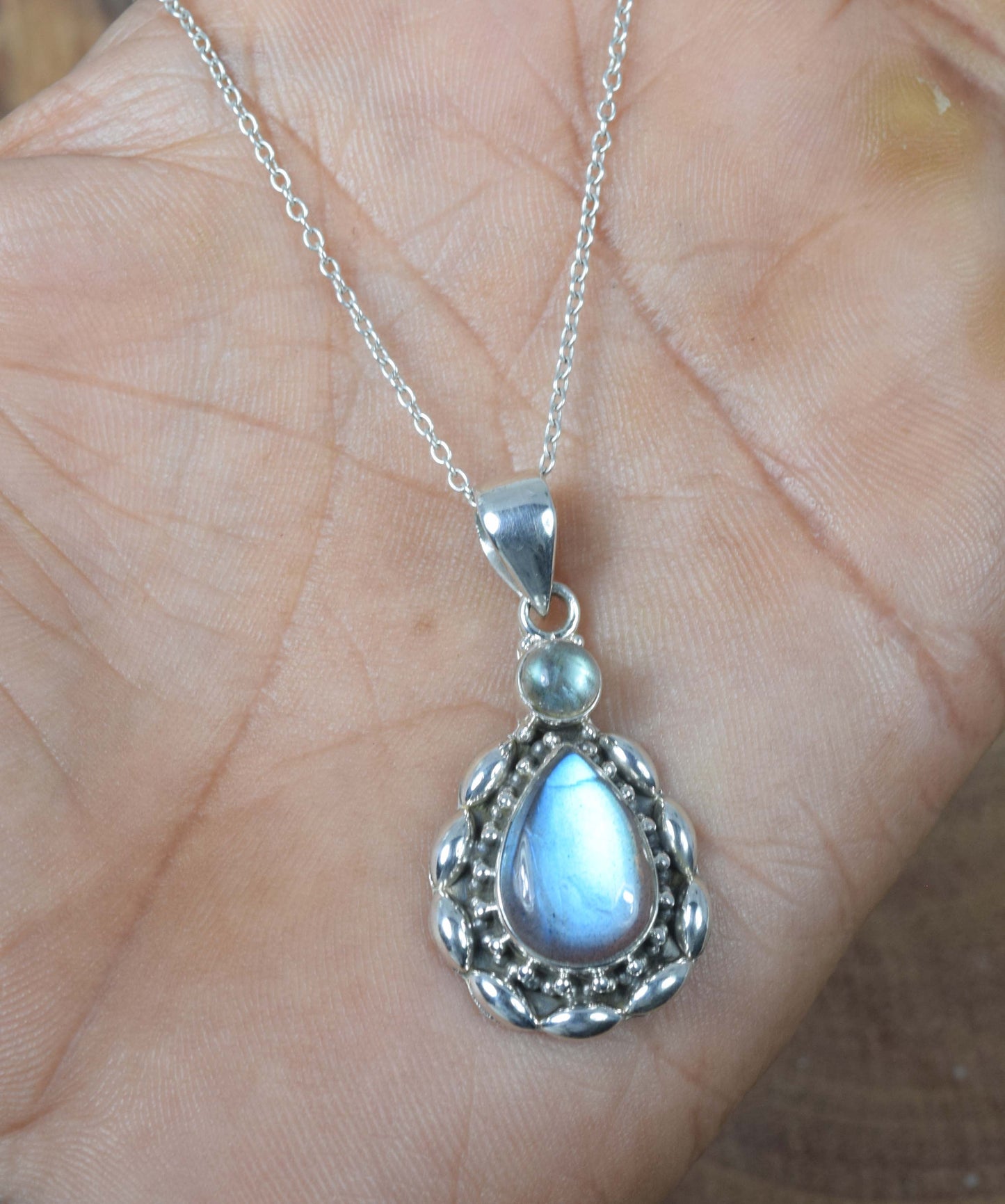 925 Solid Sterling Silver Labradorite Chain Pendant -19.2 Inch