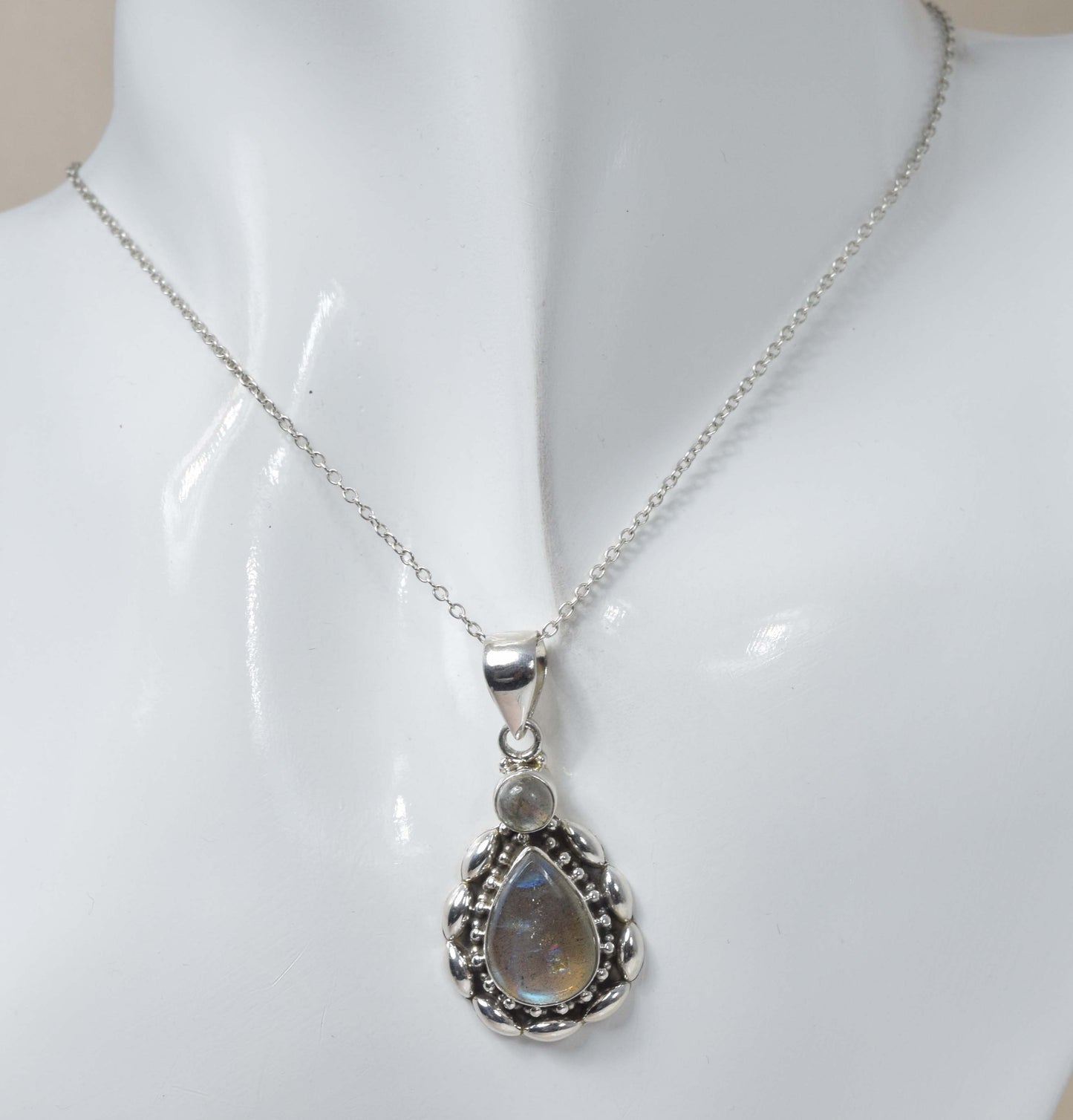 925 Solid Sterling Silver Labradorite Chain Pendant -19.2 Inch