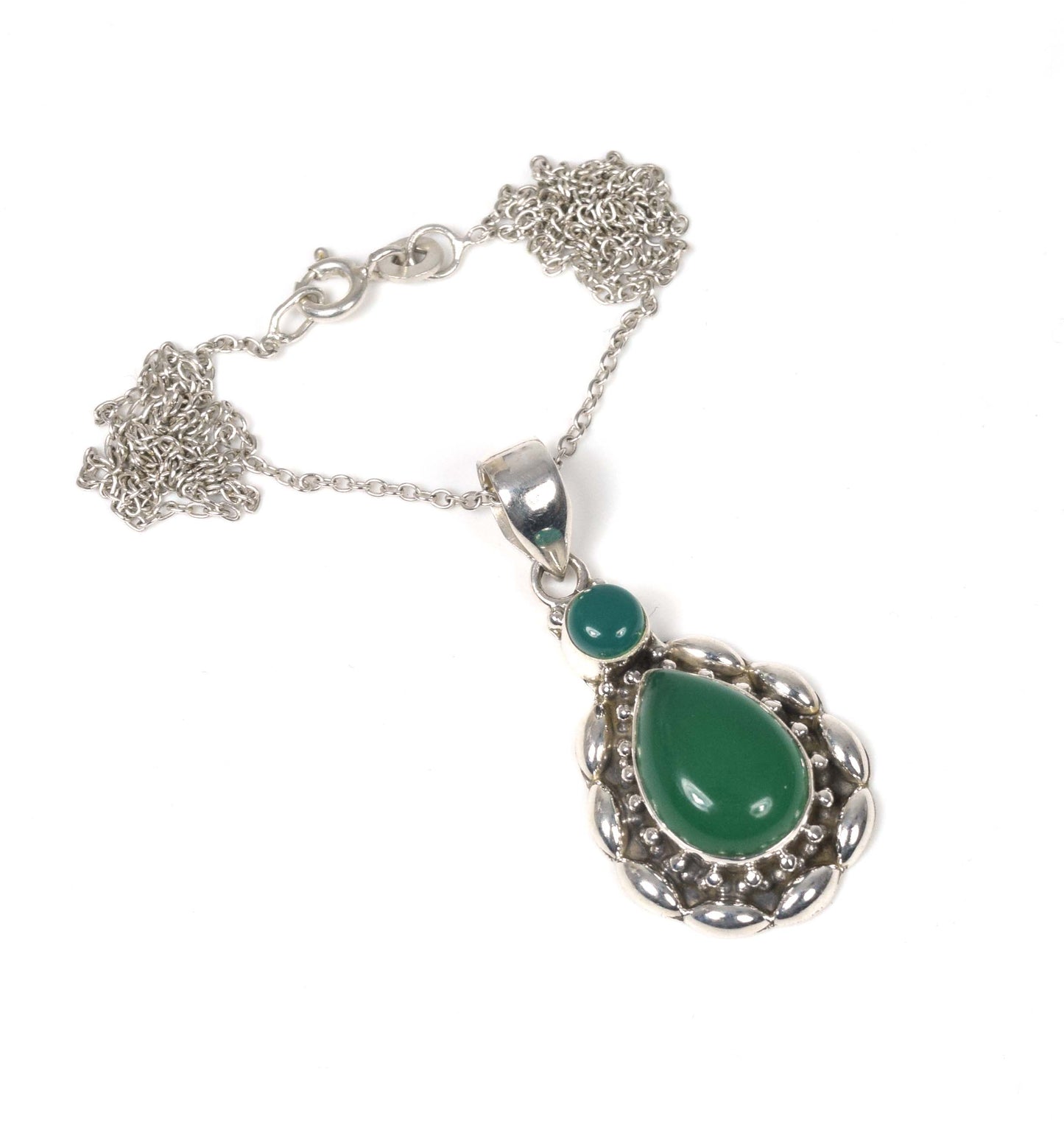 925 Solid Sterling Silver Green Onyx Chain Pendant -19.2 Inch