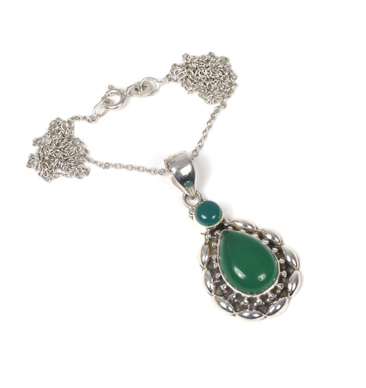 925 Solid Sterling Silver Green Onyx Chain Pendant -19.2 Inch