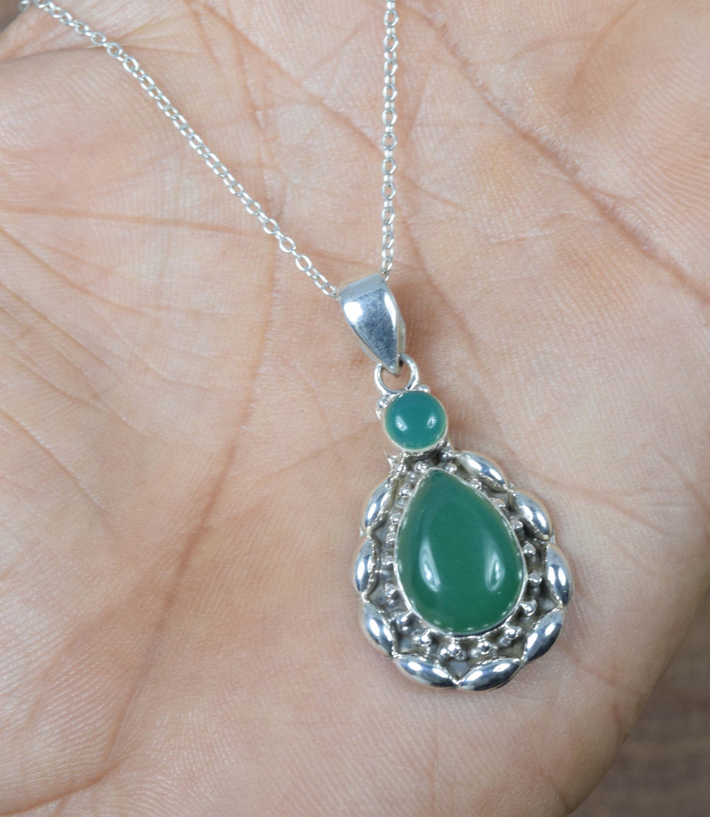 925 Solid Sterling Silver Green Onyx Chain Pendant -19.2 Inch