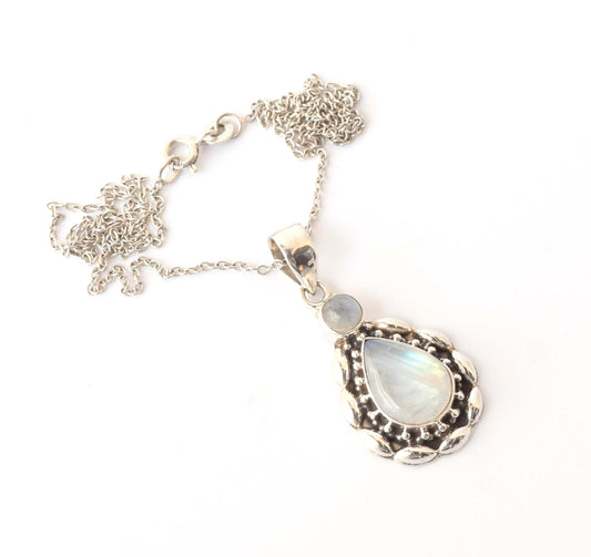 925 Solid Sterling Silver White Rainbow Moonstone Chain Pendant -19.2 Inch