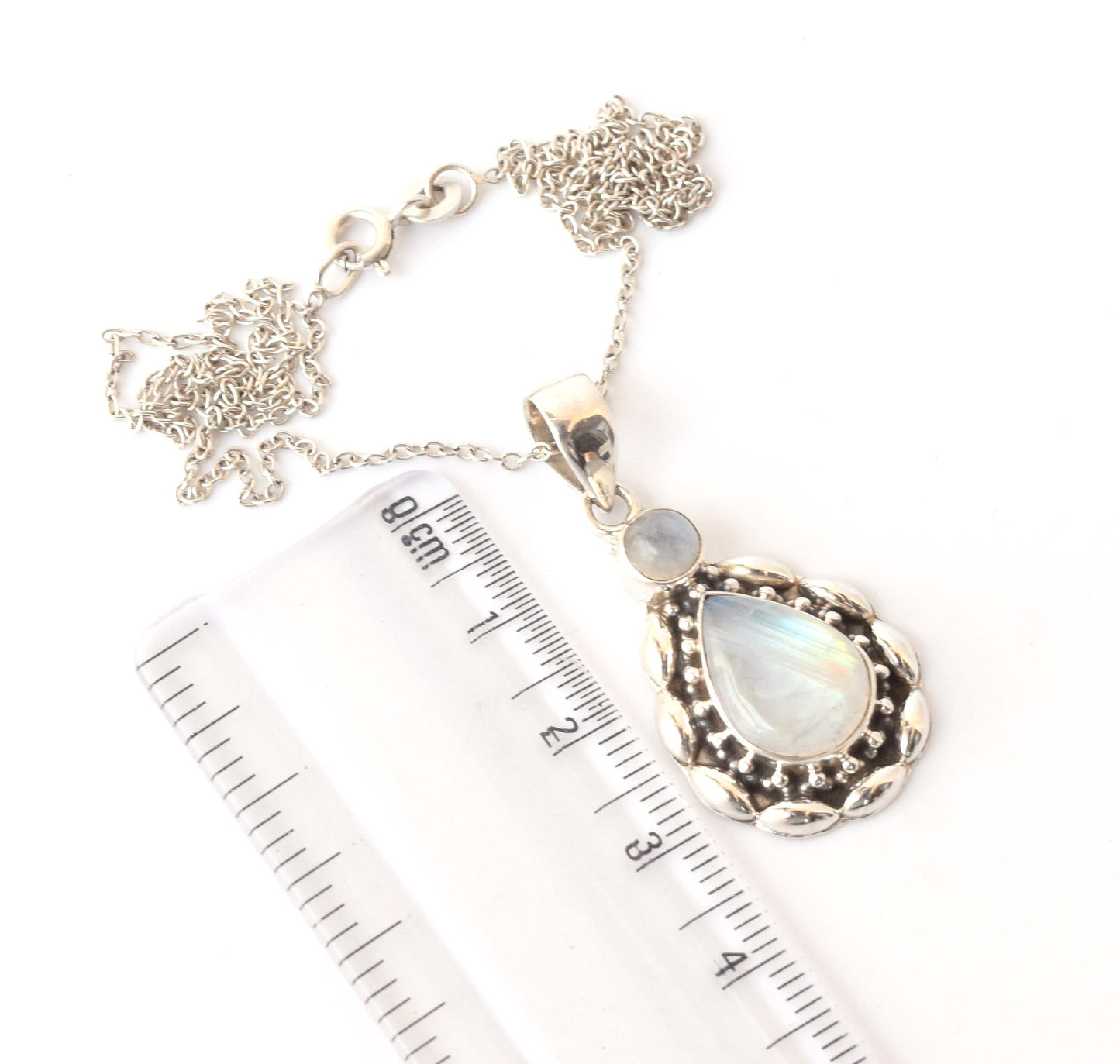 925 Solid Sterling Silver White Rainbow Moonstone Chain Pendant -19.2 Inch