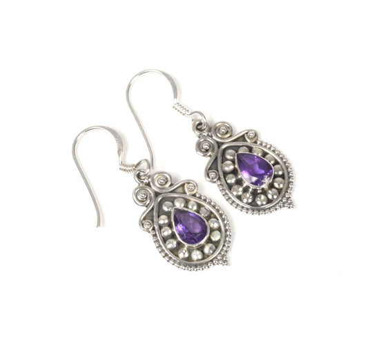 925 Solid Sterling Silver Faceted Purple Amethyst Hook Earring-1.3 Inch