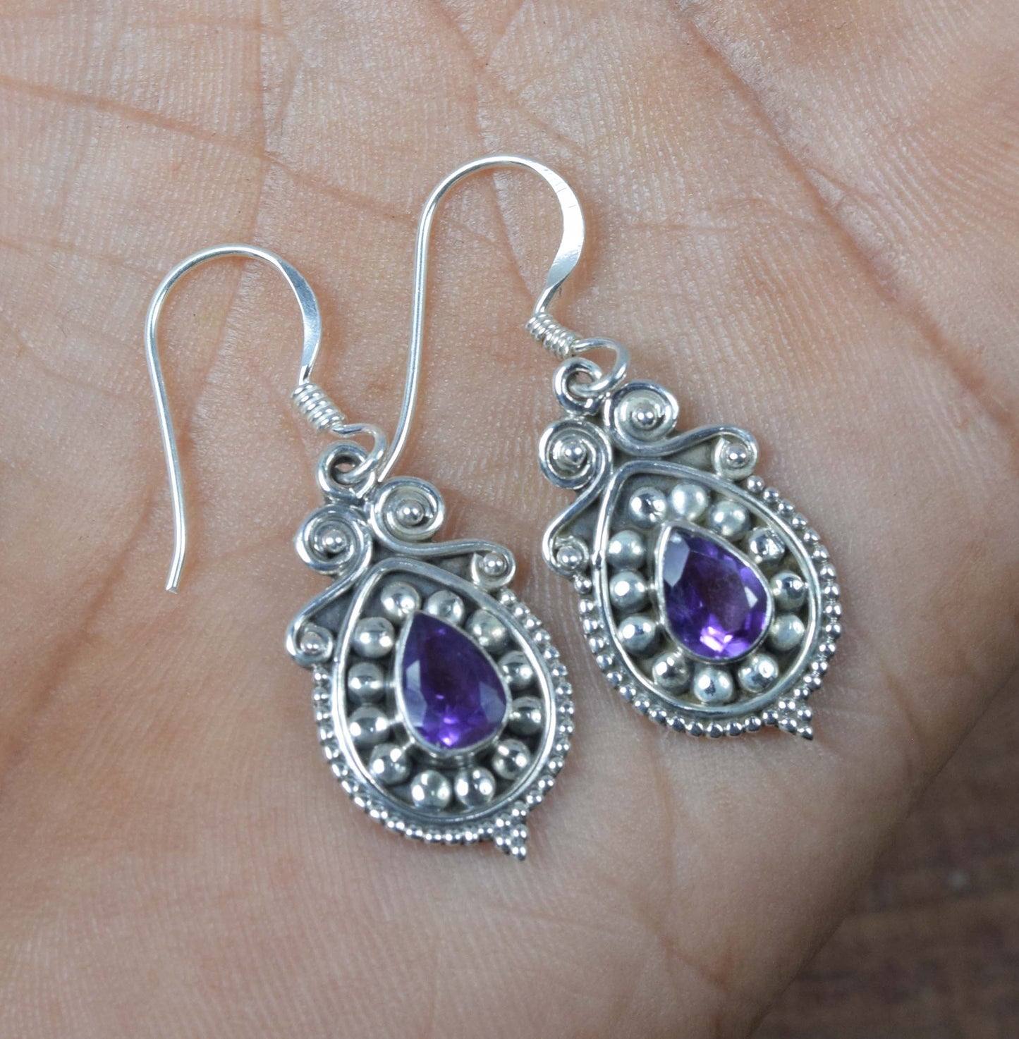 925 Solid Sterling Silver Faceted Purple Amethyst Hook Earring-1.3 Inch