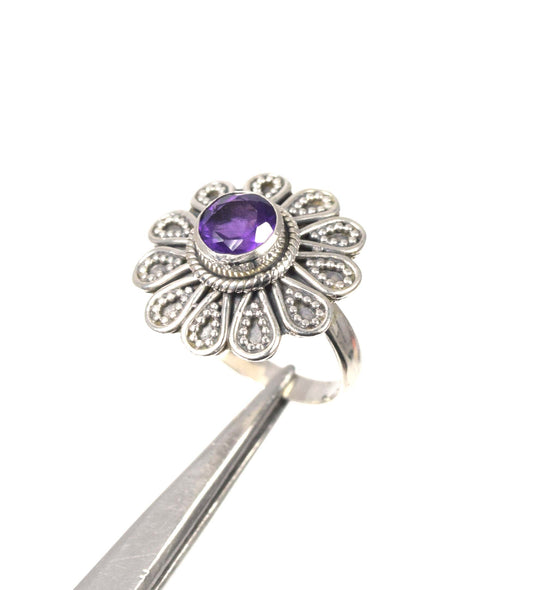 925 Solid Sterling Silver Faceted Purple Amethyst Ring-5 US