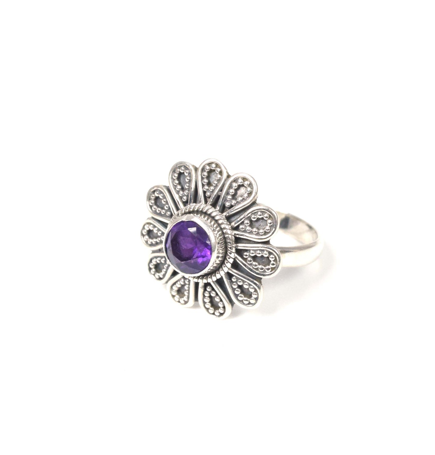 925 Solid Sterling Silver Faceted Purple Amethyst Ring-5 US