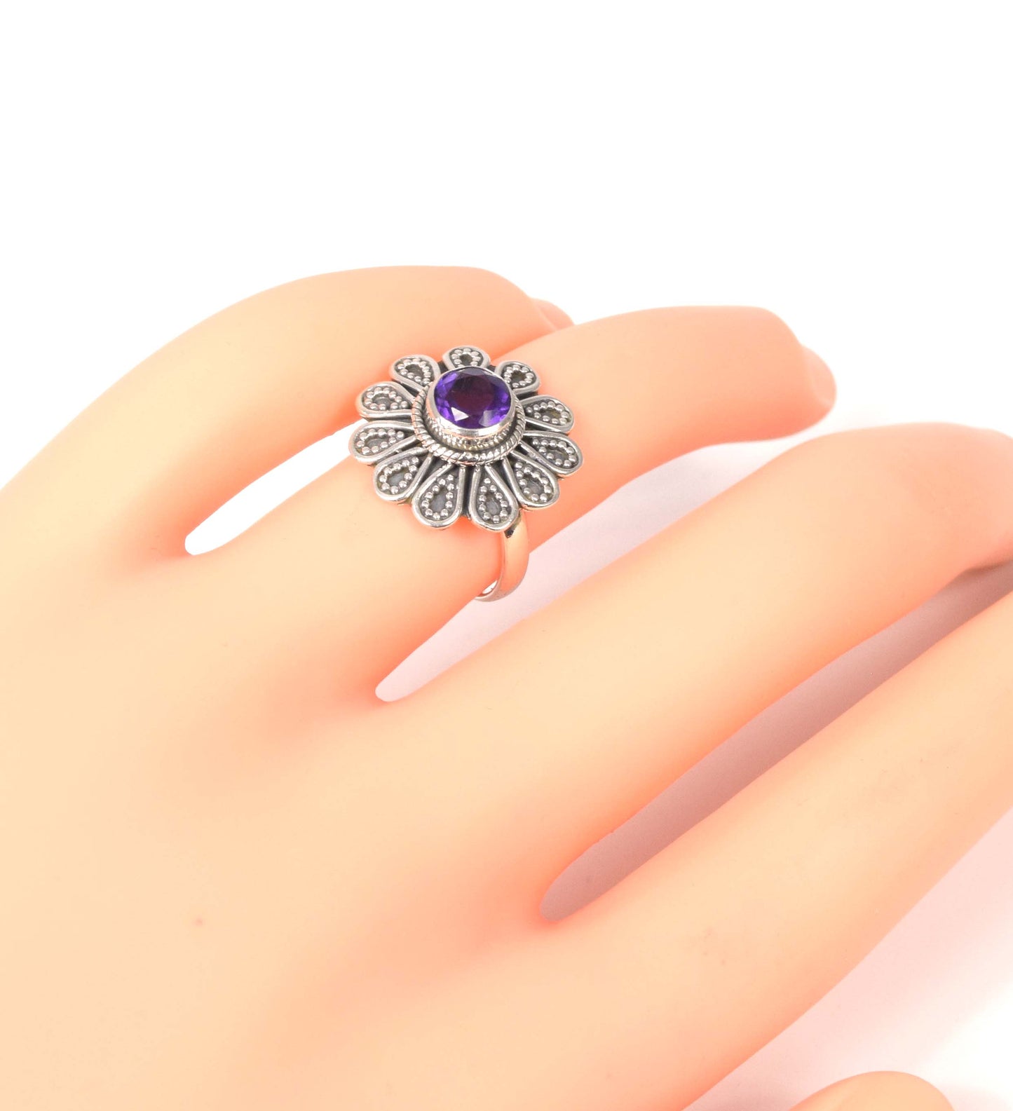 925 Solid Sterling Silver Faceted Purple Amethyst Ring-5 US