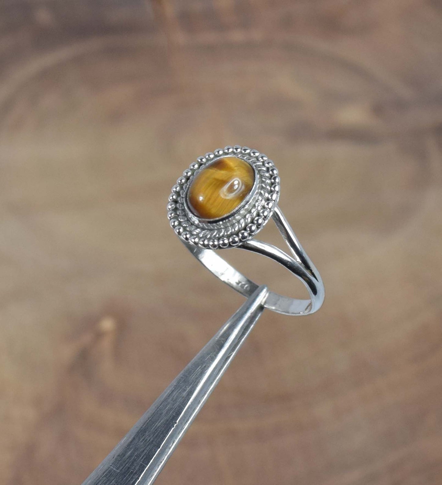 925 Solid Sterling Silver Tiger Eye Ring -10 us