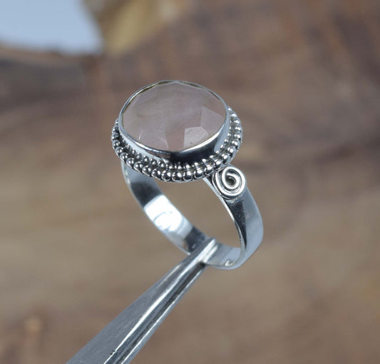925 Solid Sterling Silver Faceted Pink Rose Quartz Ring -10 us