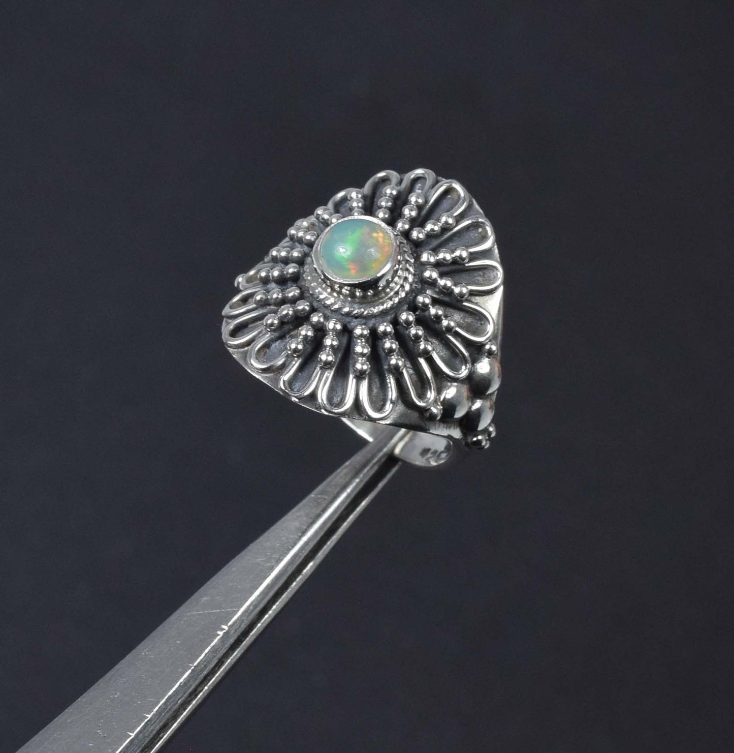 925 Solid Sterling Silver Natural Ethiopian Opal Flower Style Ring - 5.6 Grams