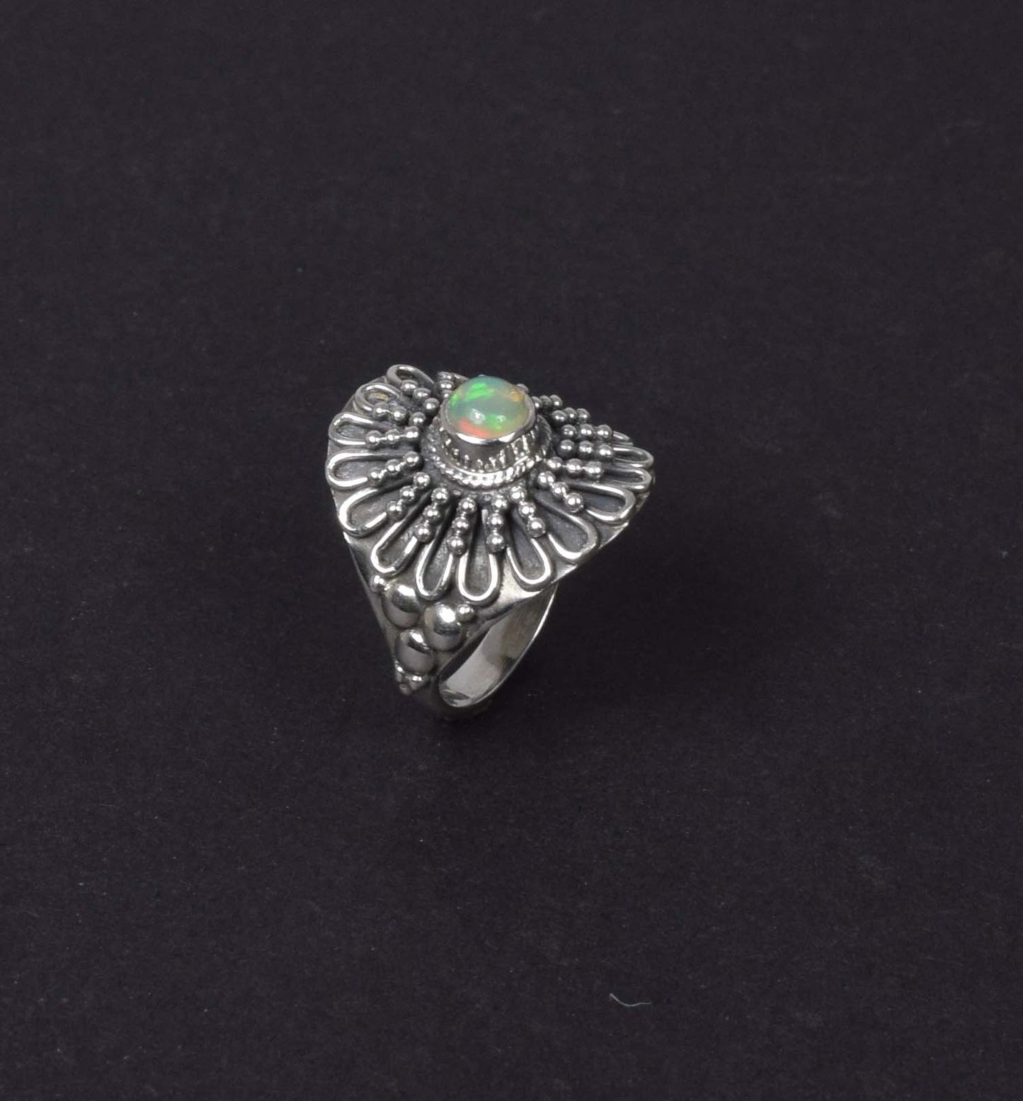 925 Solid Sterling Silver Natural Ethiopian Opal Flower Style Ring - 5.6 Grams