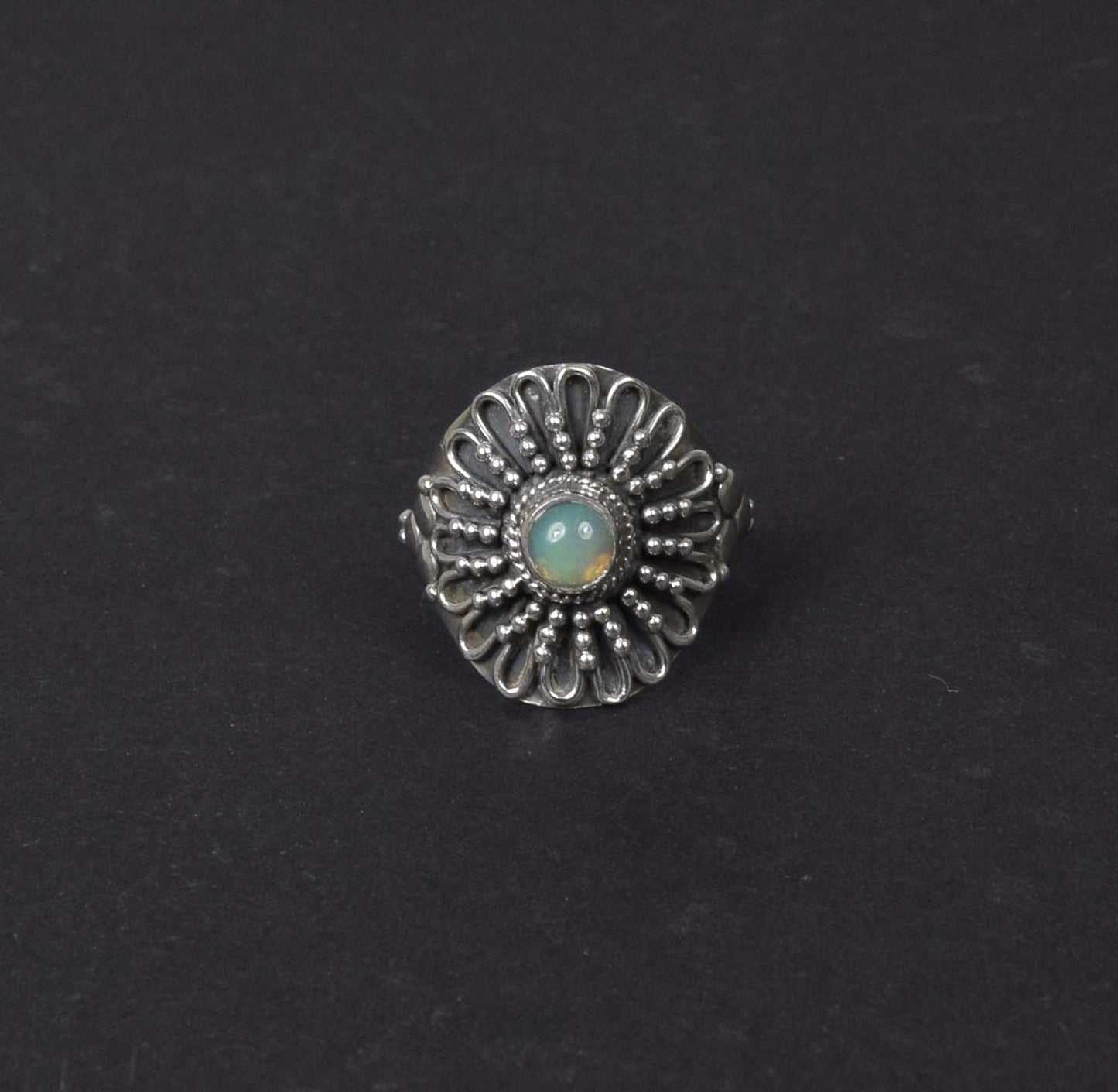 925 Solid Sterling Silver Natural Ethiopian Opal Flower Style Ring - 5.6 Grams