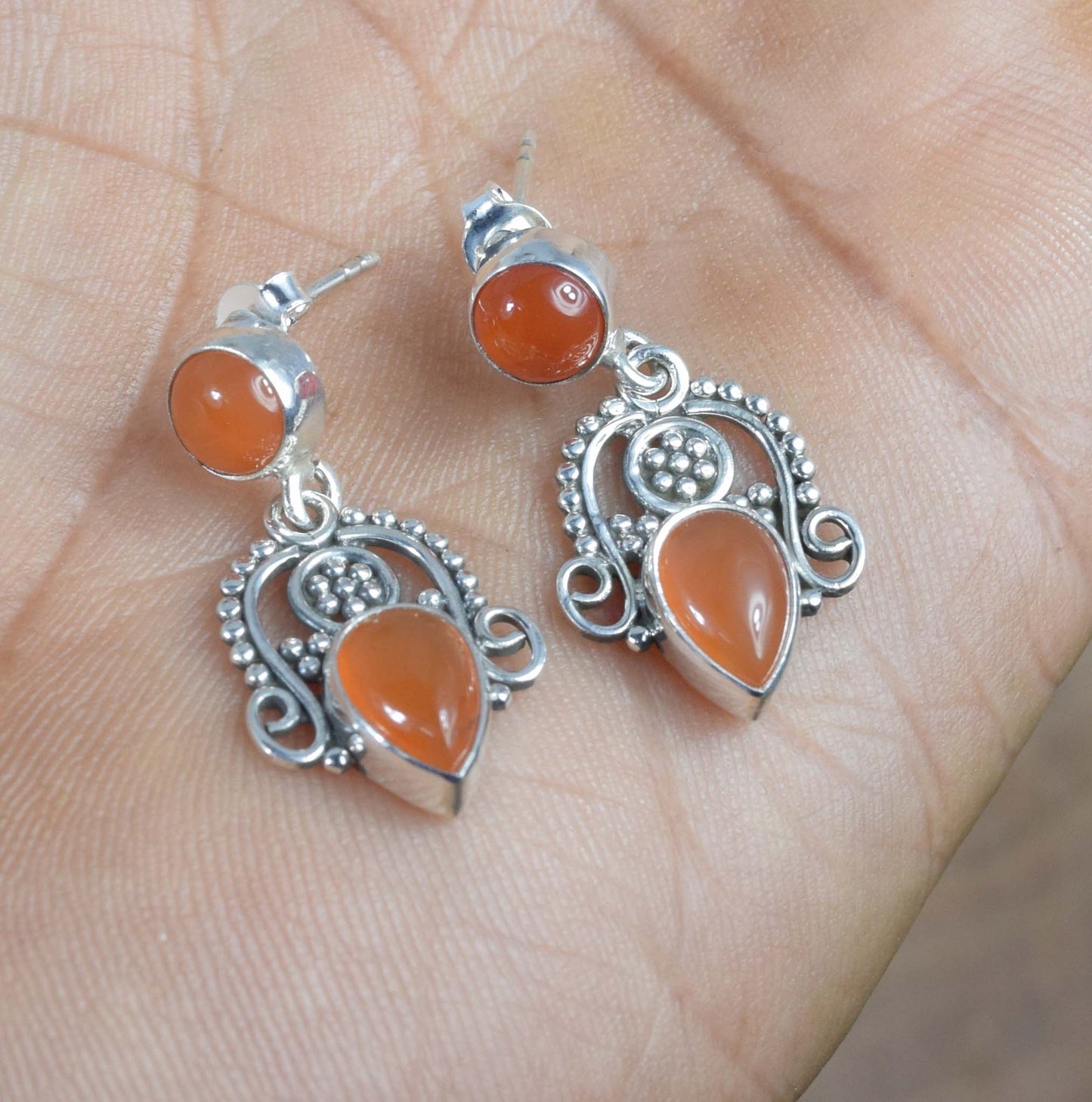 925 Solid Sterling Silver Red Carnelian Stud Earring -1.3 inch