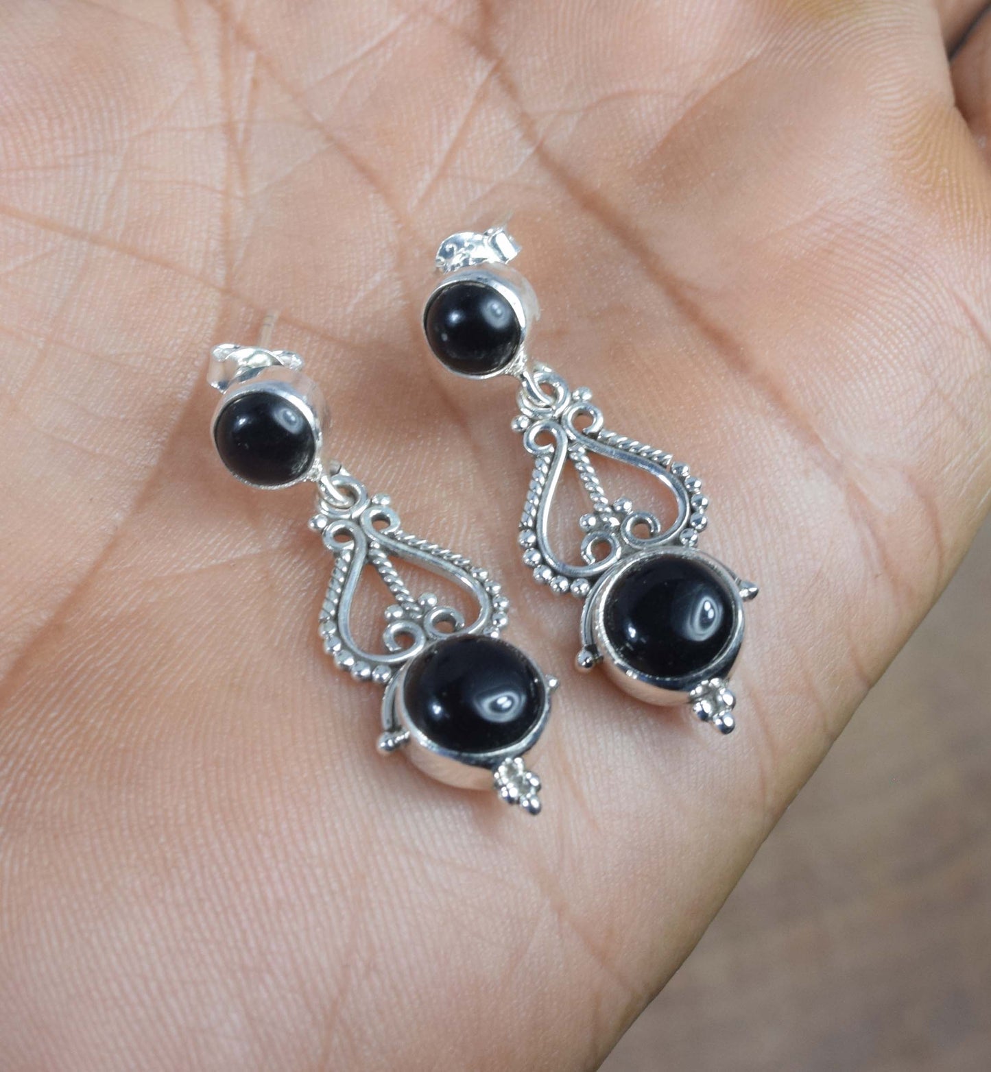 925 Solid Sterling Silver Black Onyx Stud Earring -1.5 inch