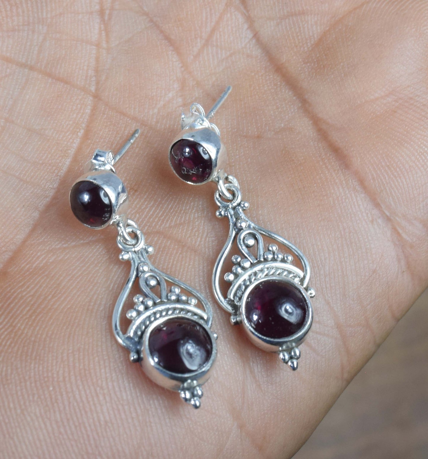 925 Solid Sterling Silver Red Garnet Stud Earring -1.5 inch