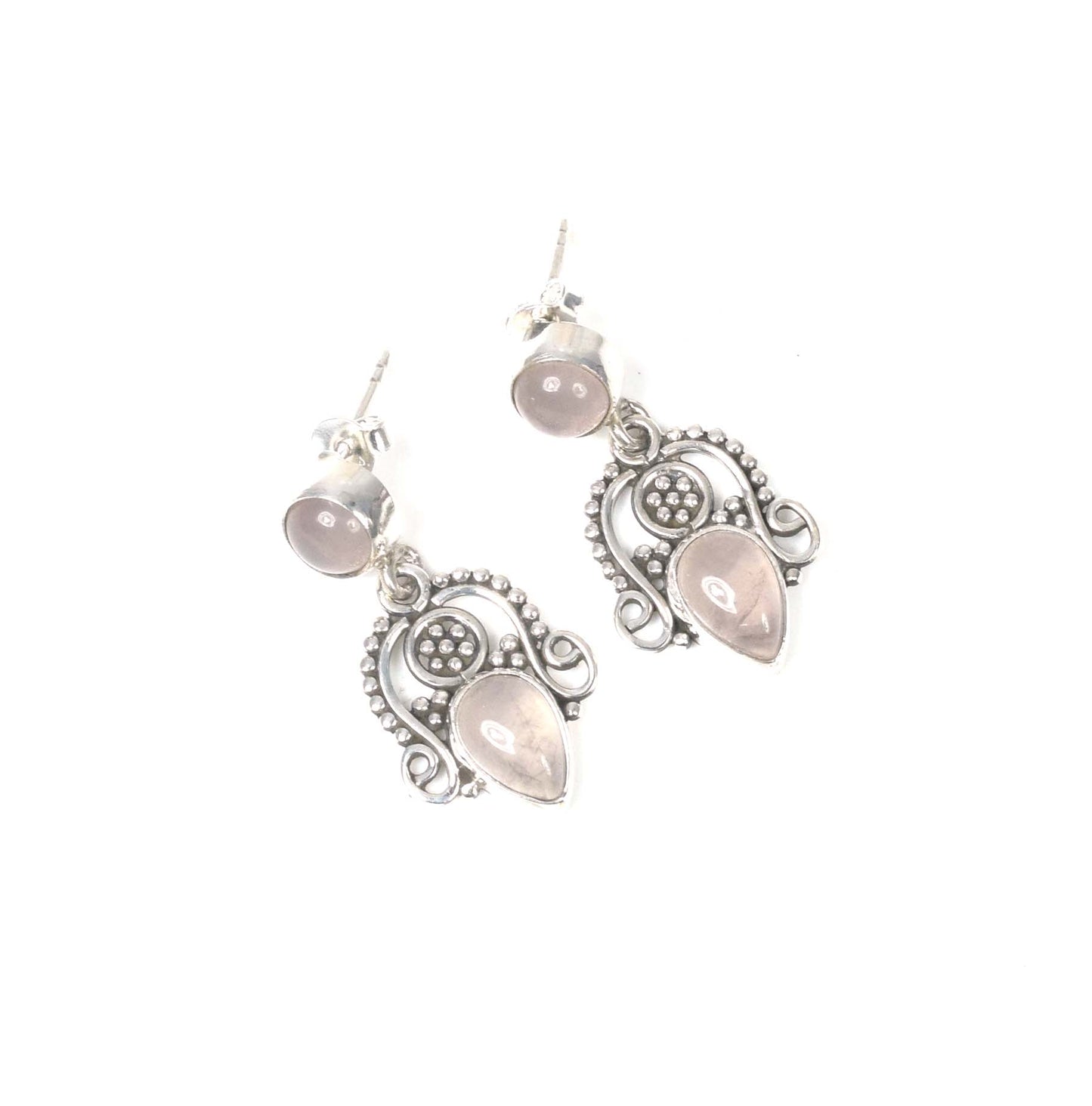 925 Solid Sterling Silver Pink Rose Quartz Stud Earring -1.3 inch