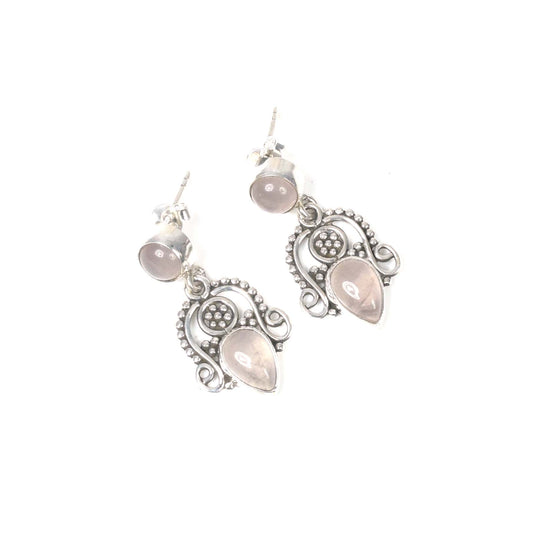 925 Solid Sterling Silver Pink Rose Quartz Stud Earring -1.3 inch