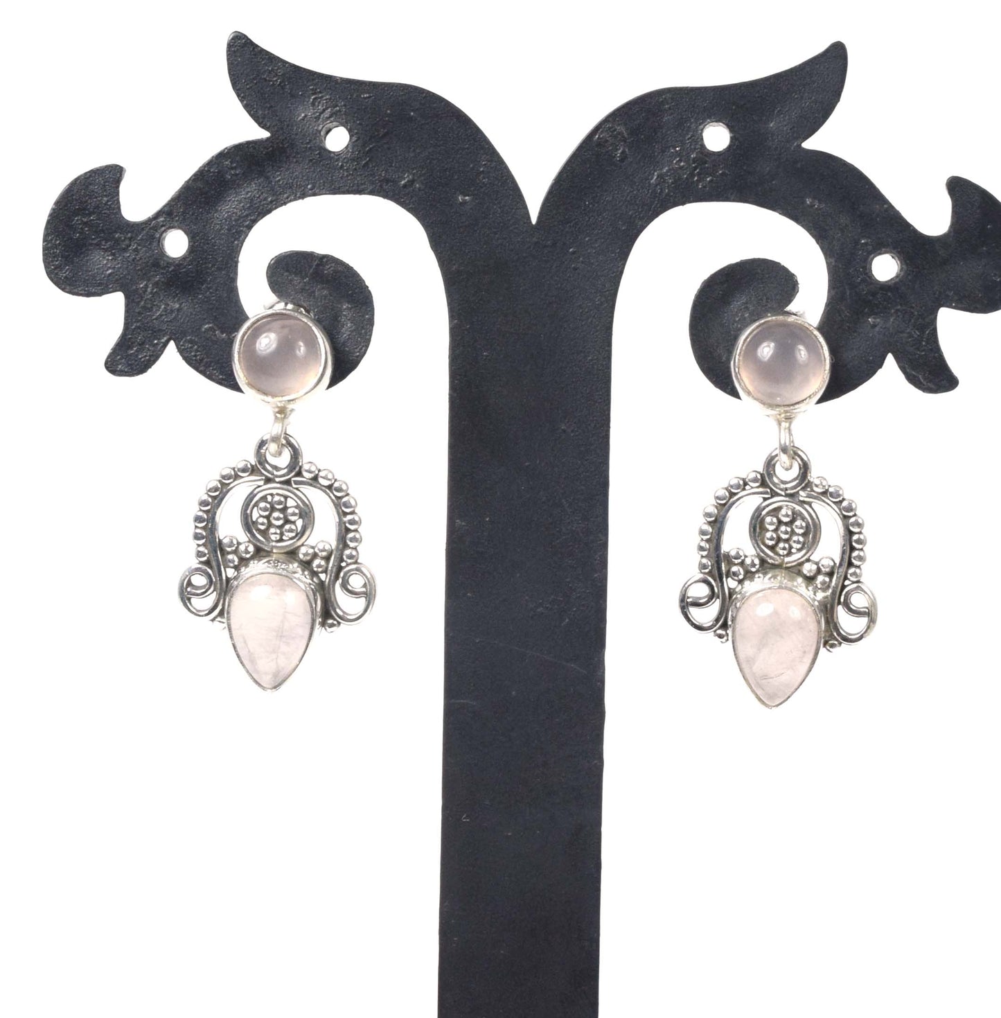 925 Solid Sterling Silver Pink Rose Quartz Stud Earring -1.3 inch