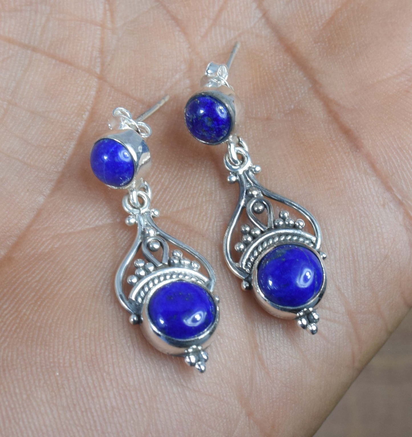 925 Solid Sterling Silver Blue Lapis Lazuli Stud Earring -1.5 inch