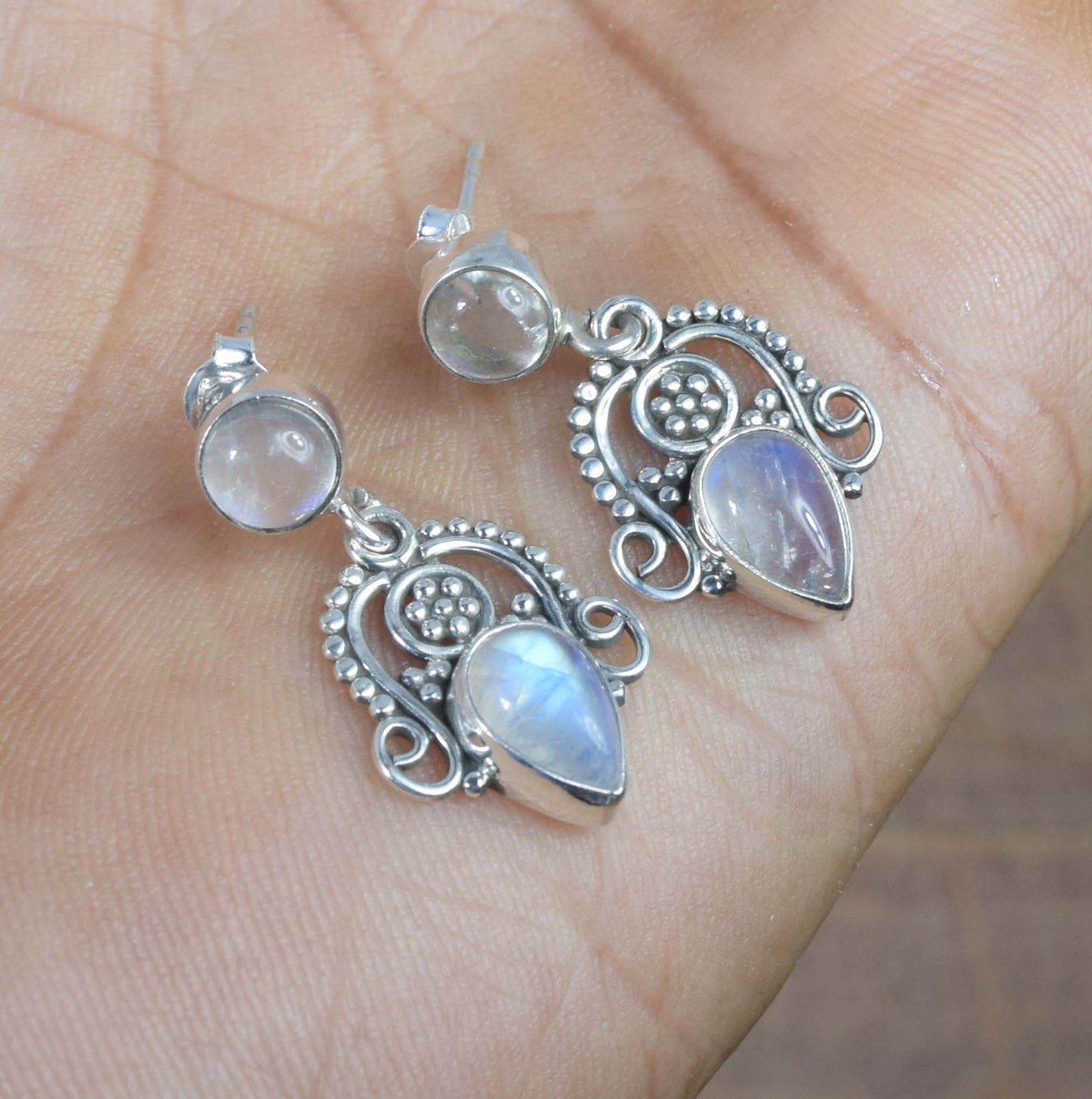 925 Solid Sterling Silver White Rainbow Moonstone Stud Earring -1.3 inch
