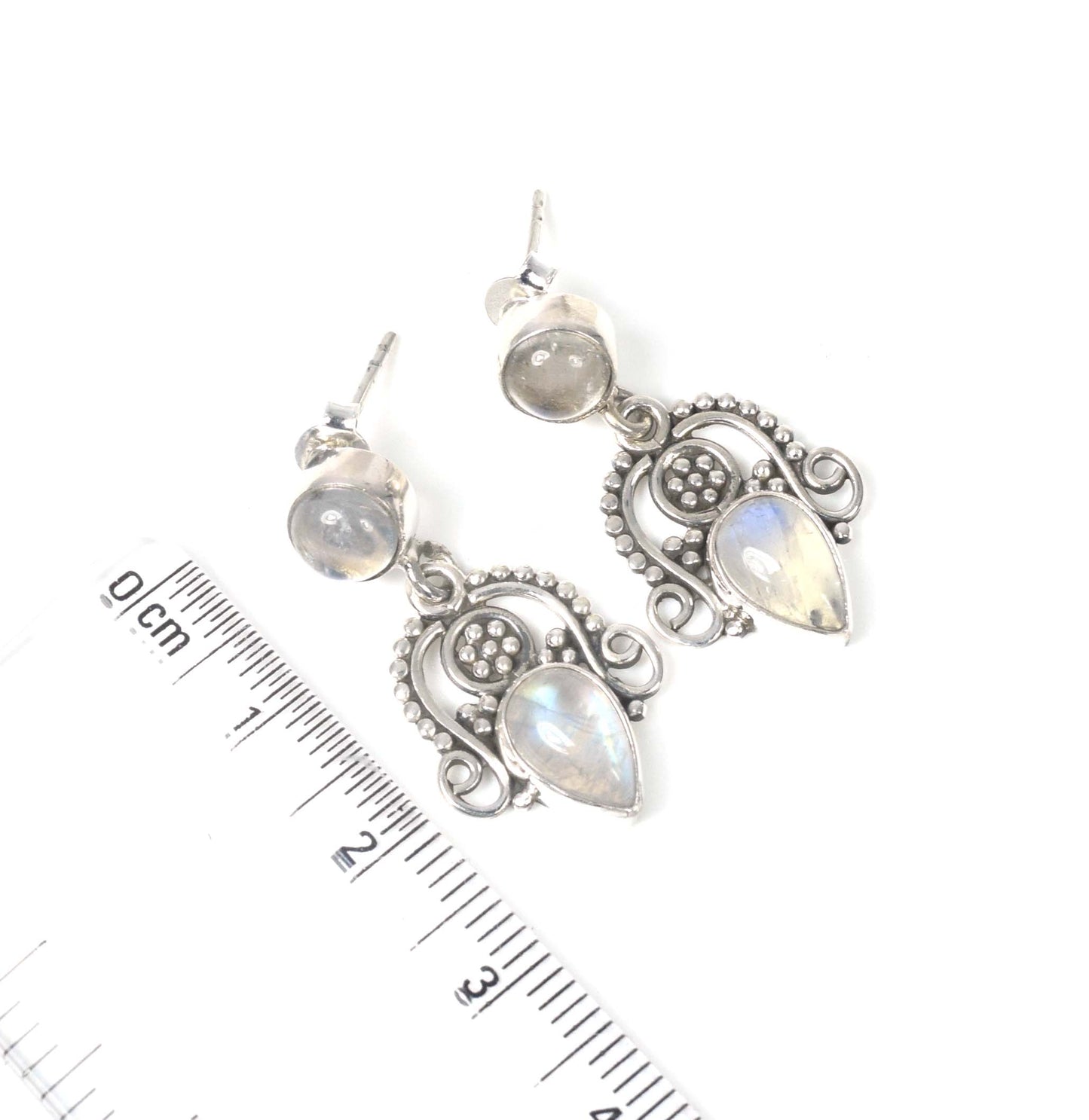 925 Solid Sterling Silver White Rainbow Moonstone Stud Earring -1.3 inch