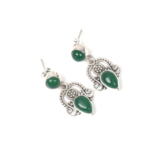 925 Solid Sterling Silver Green Onyx Stud Earring -1.3 inch