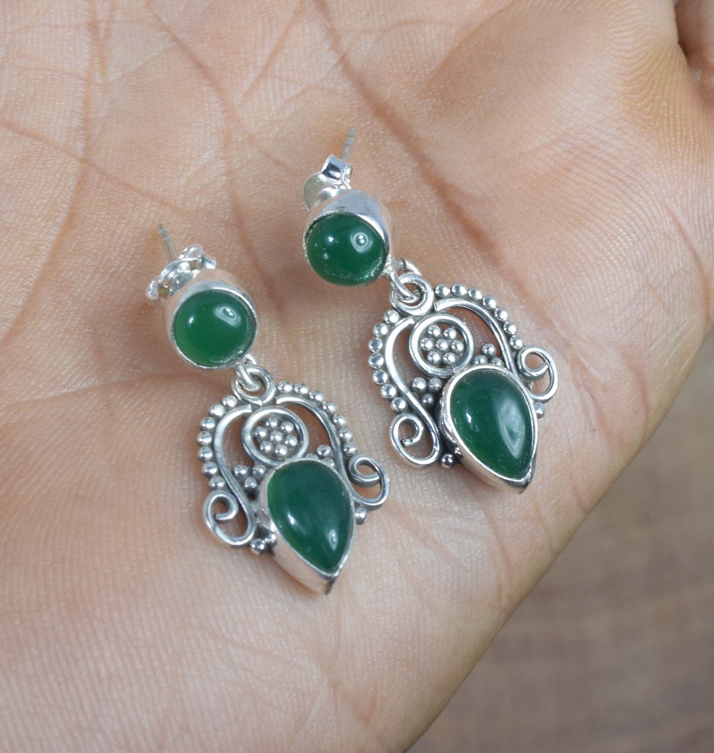 925 Solid Sterling Silver Green Onyx Stud Earring -1.3 inch