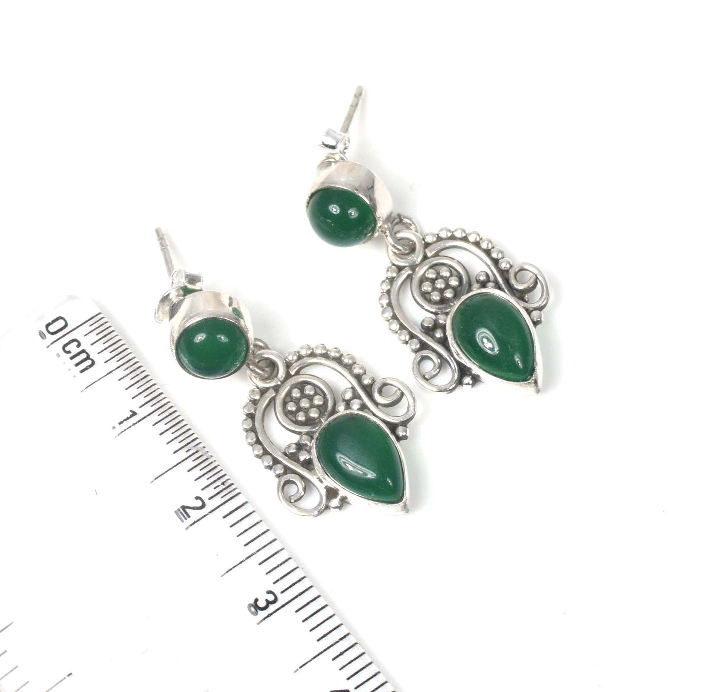925 Solid Sterling Silver Green Onyx Stud Earring -1.3 inch