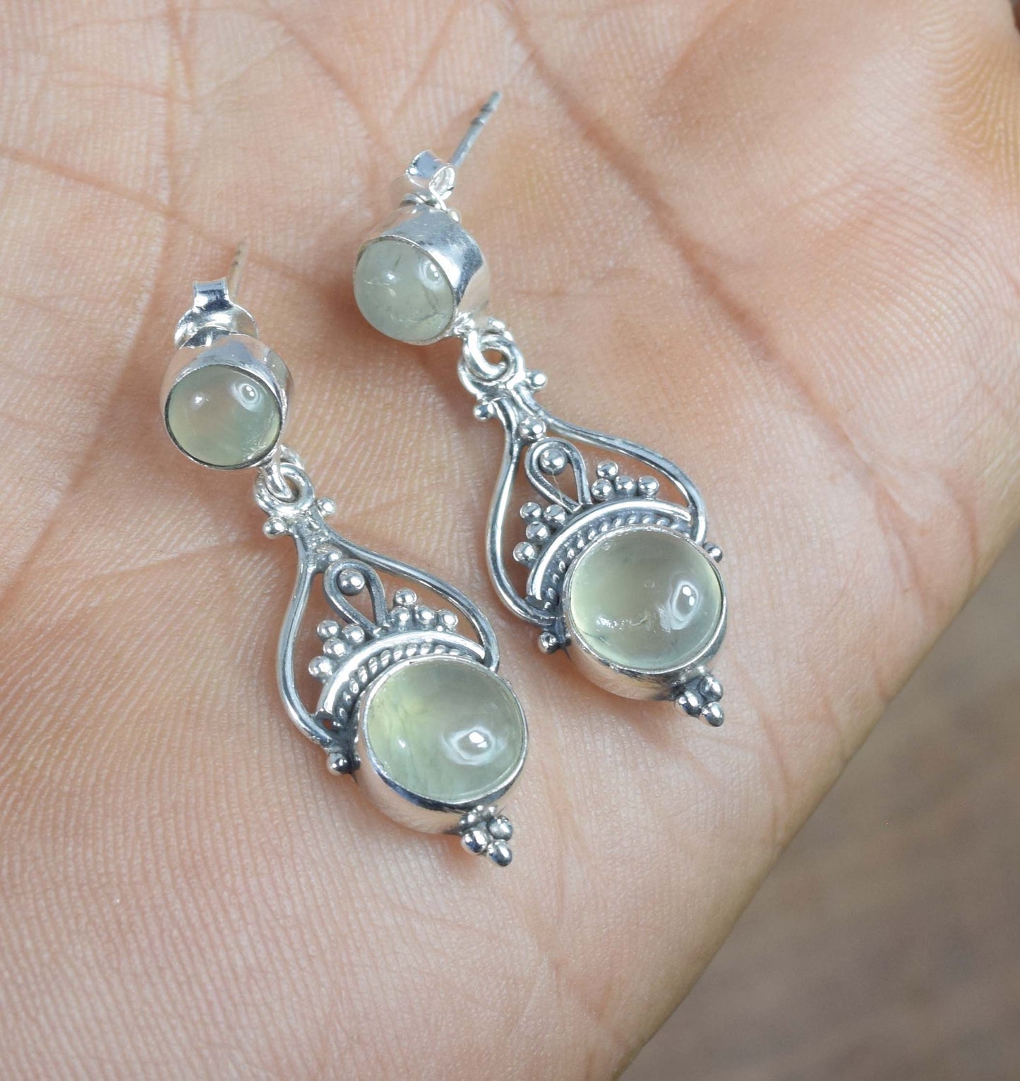 925 Solid Sterling Silver Green Prehnite Stud Earring -1.5 inch