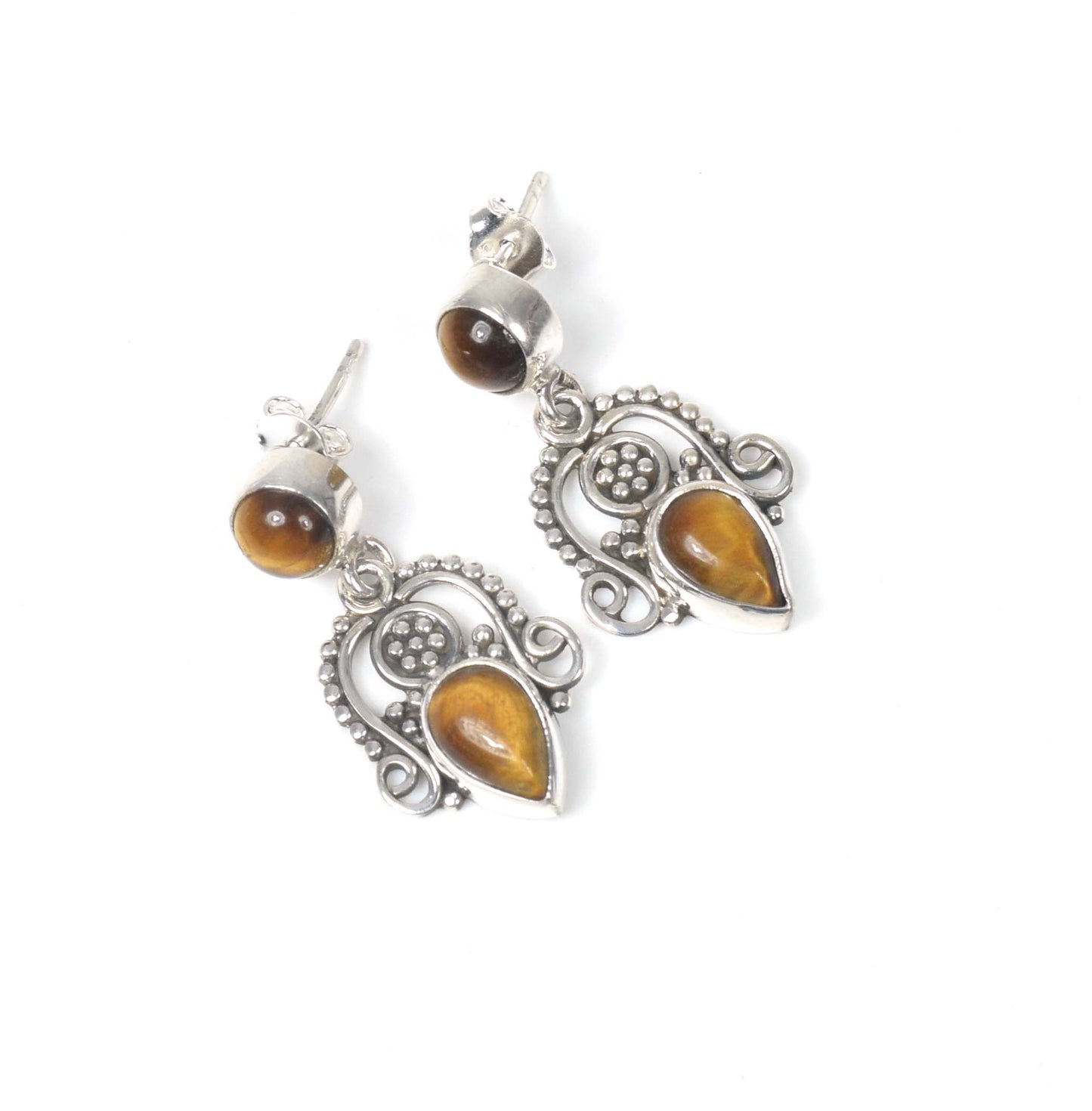 925 Solid Sterling Silver Tiger Eye Stud Earring -1.3 inch