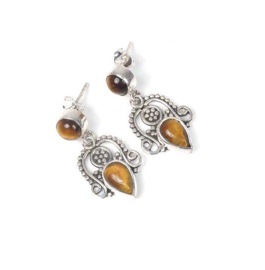 925 Solid Sterling Silver Tiger Eye Stud Earring -1.3 inch