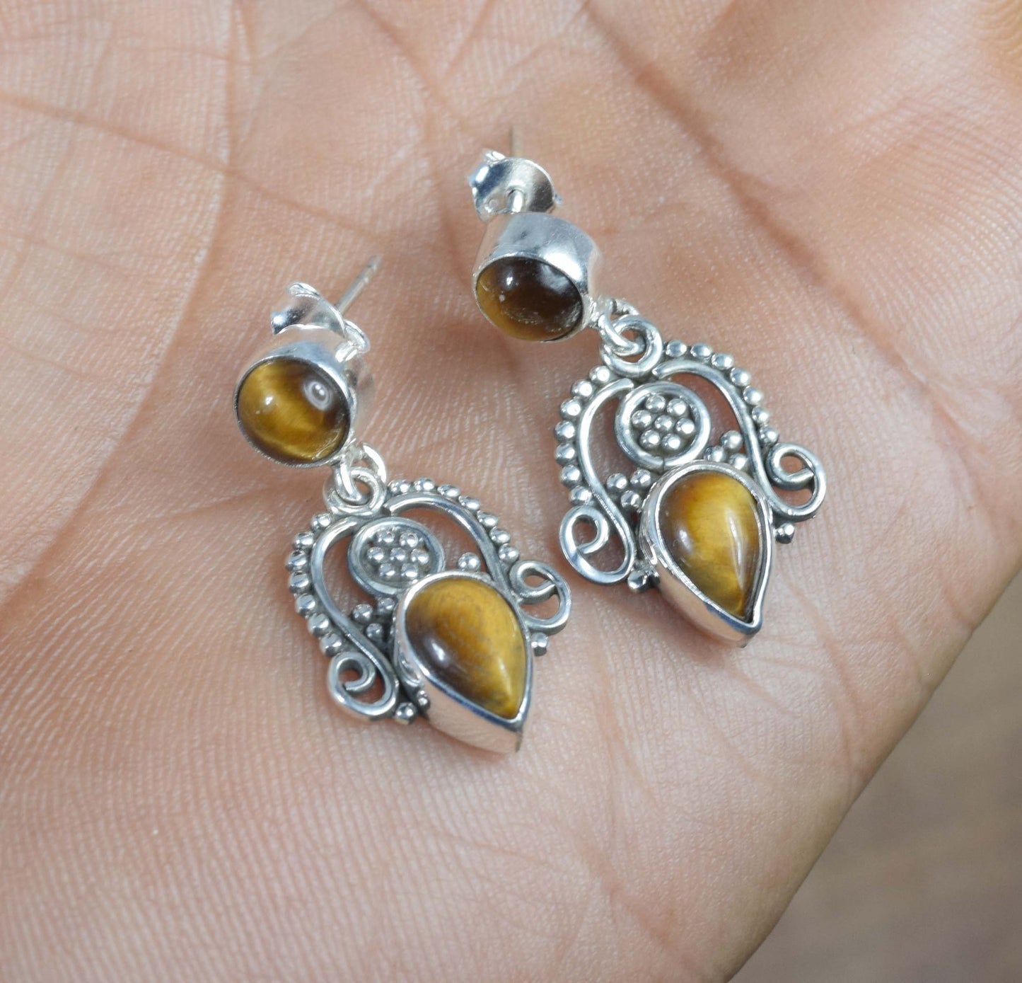 925 Solid Sterling Silver Tiger Eye Stud Earring -1.3 inch